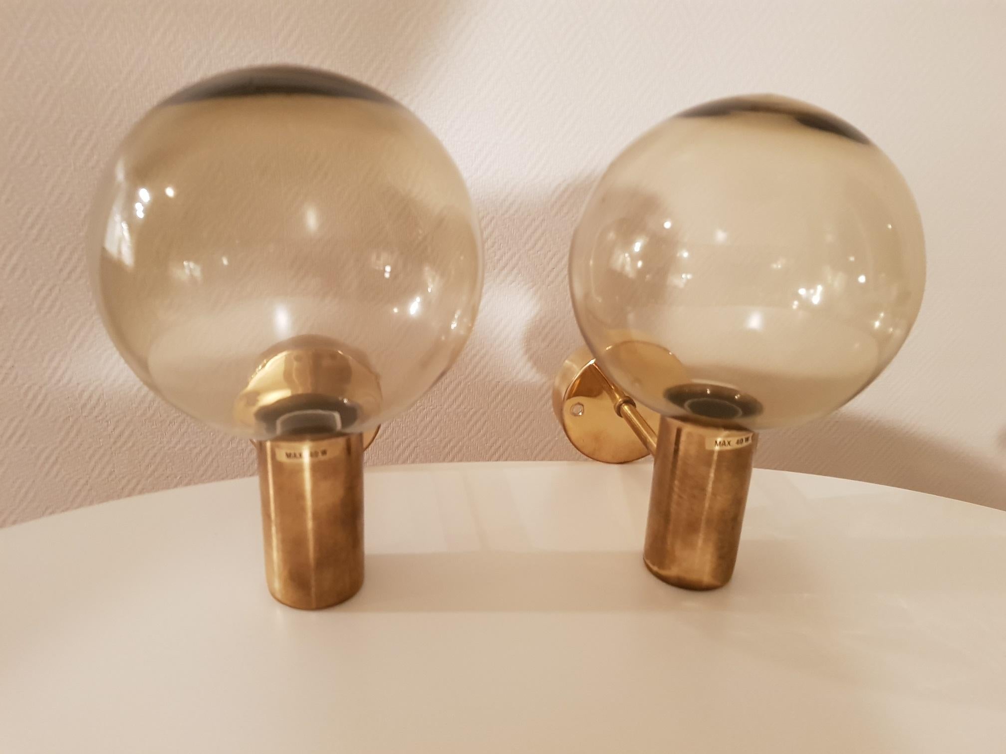 20th Century Hans-Agne Jakobsson 2 Brass Wall Lamps 1960s Markaryd, Sweden For Sale