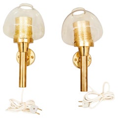 Hans-Agne Jakobsson 2 Wall Lamps in Brass and Glass Sweden 1960