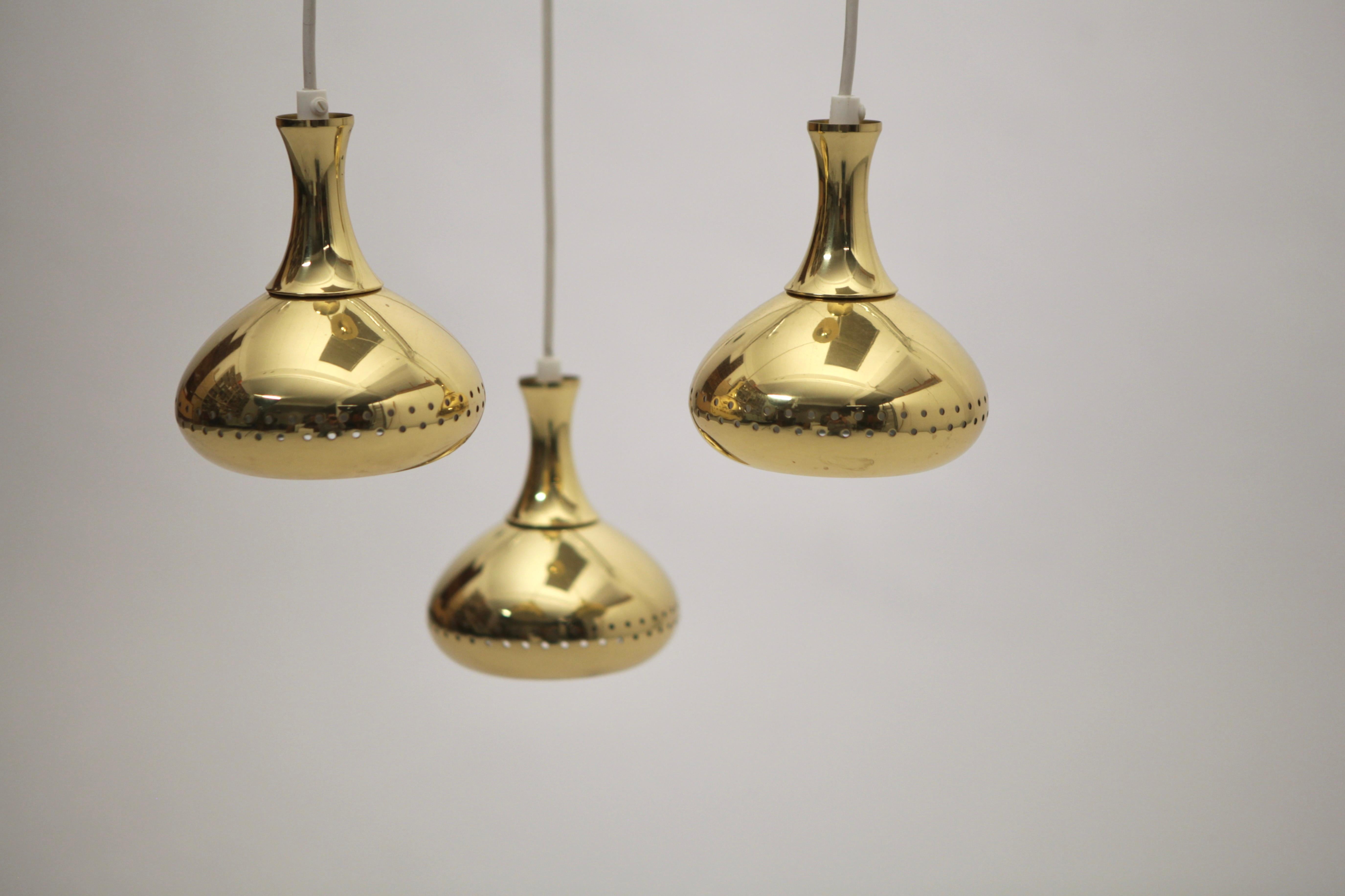 Scandinavian Modern Hans-Agne Jakobsson, 3 Pendant Ceiling Light, Brass, Sweden 1960s. For Sale