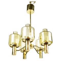 Hans-Agne Jakobsson 5 arm brass chandelier, Smoky glass shades , 1970 Sweden
