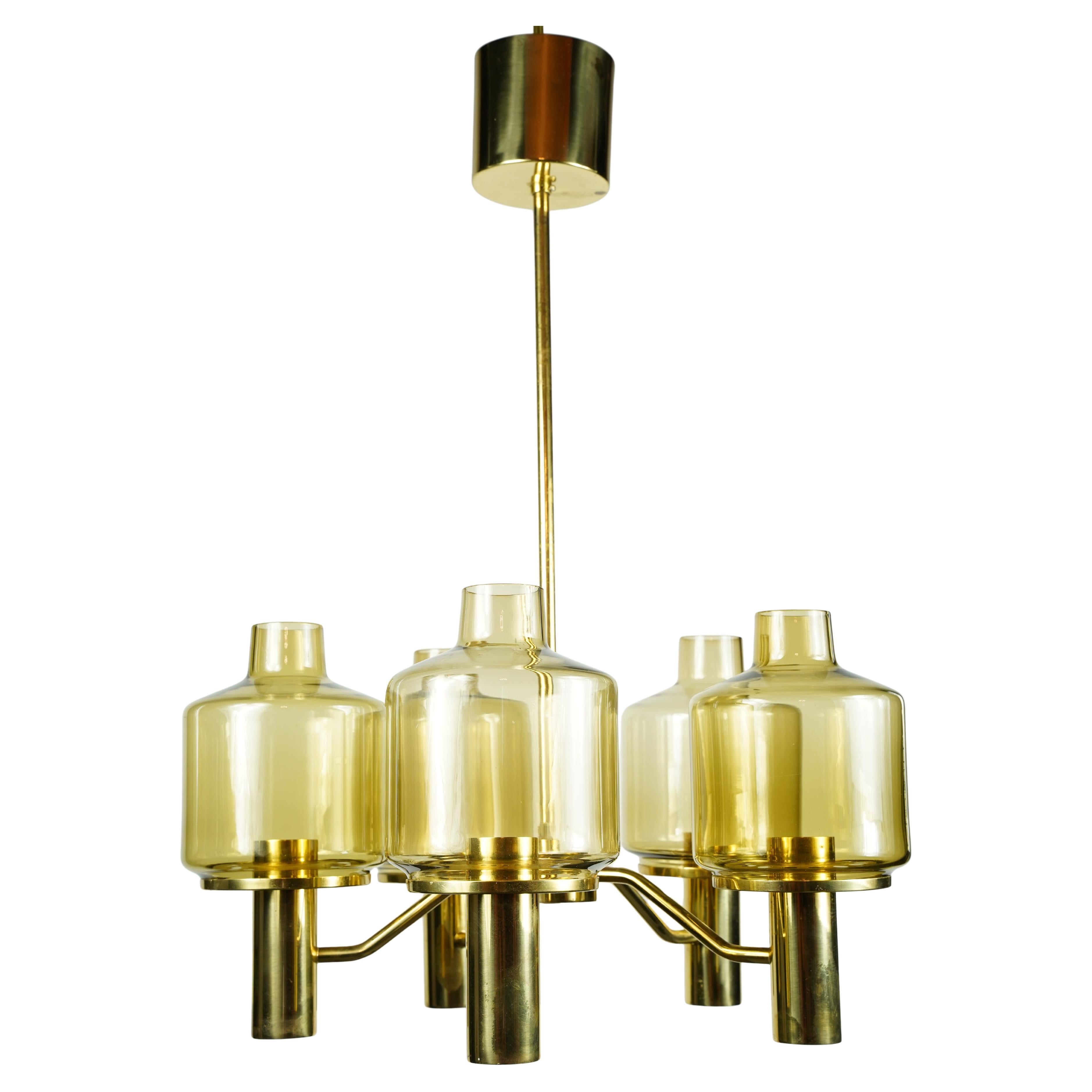 Hans-Agne Jakobsson 5 arm brass chandelier, Smoky glass shades , 1970 Sweden