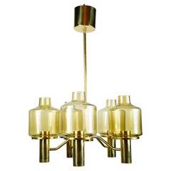 Hans-Agne Jakobsson 5 arm brass chandelier, Smoky glass shades , 1970 Sweden