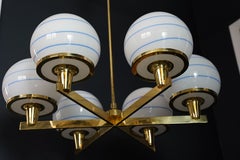 Hans-Agne Jakobsson 6 arm brass chandelier, glass shades white ball, 1960 Sweden