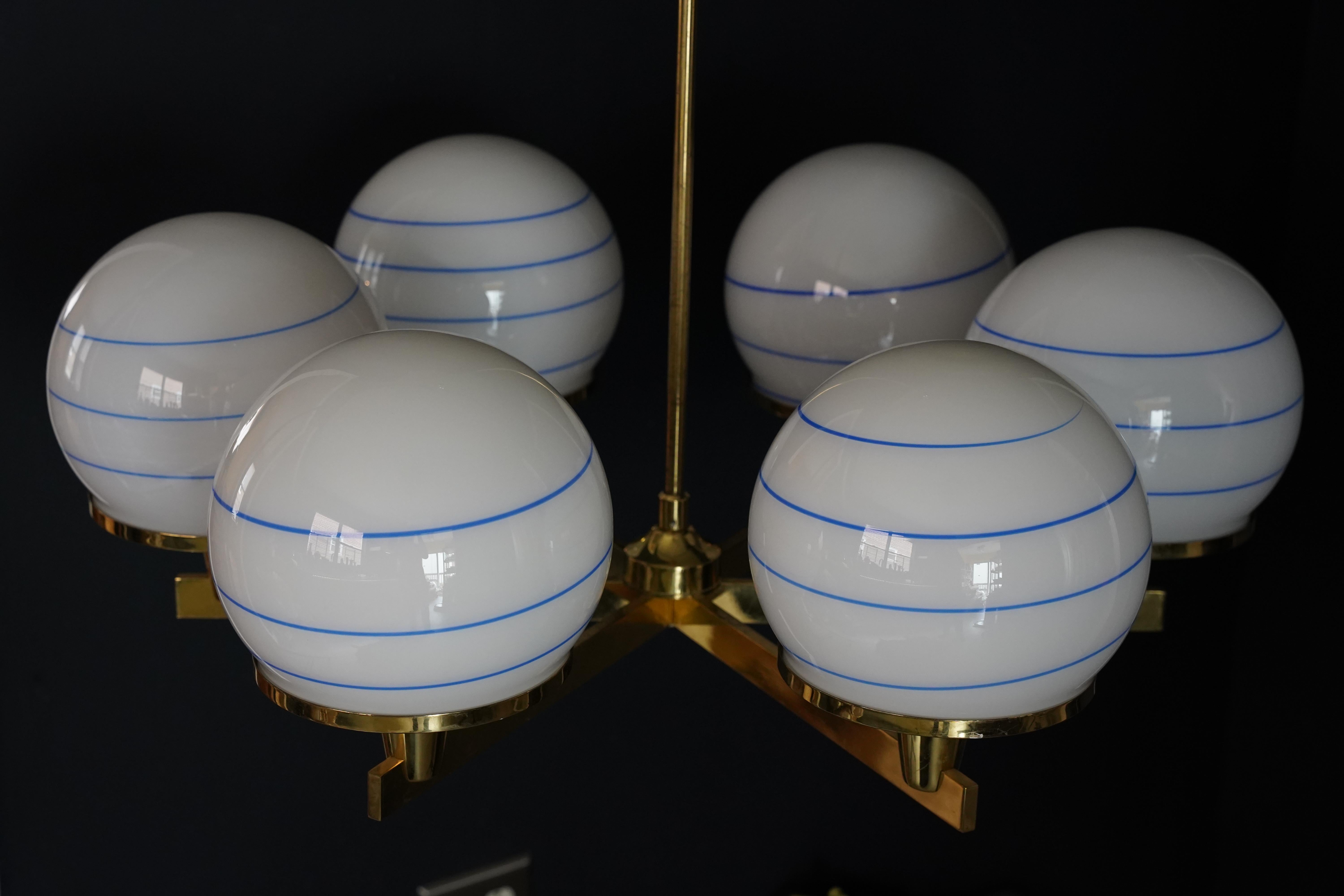 Mid-Century Modern Hans-Agne Jakobsson 6 arm brass chandelier, glass shades white ball, 1960 Sweden For Sale