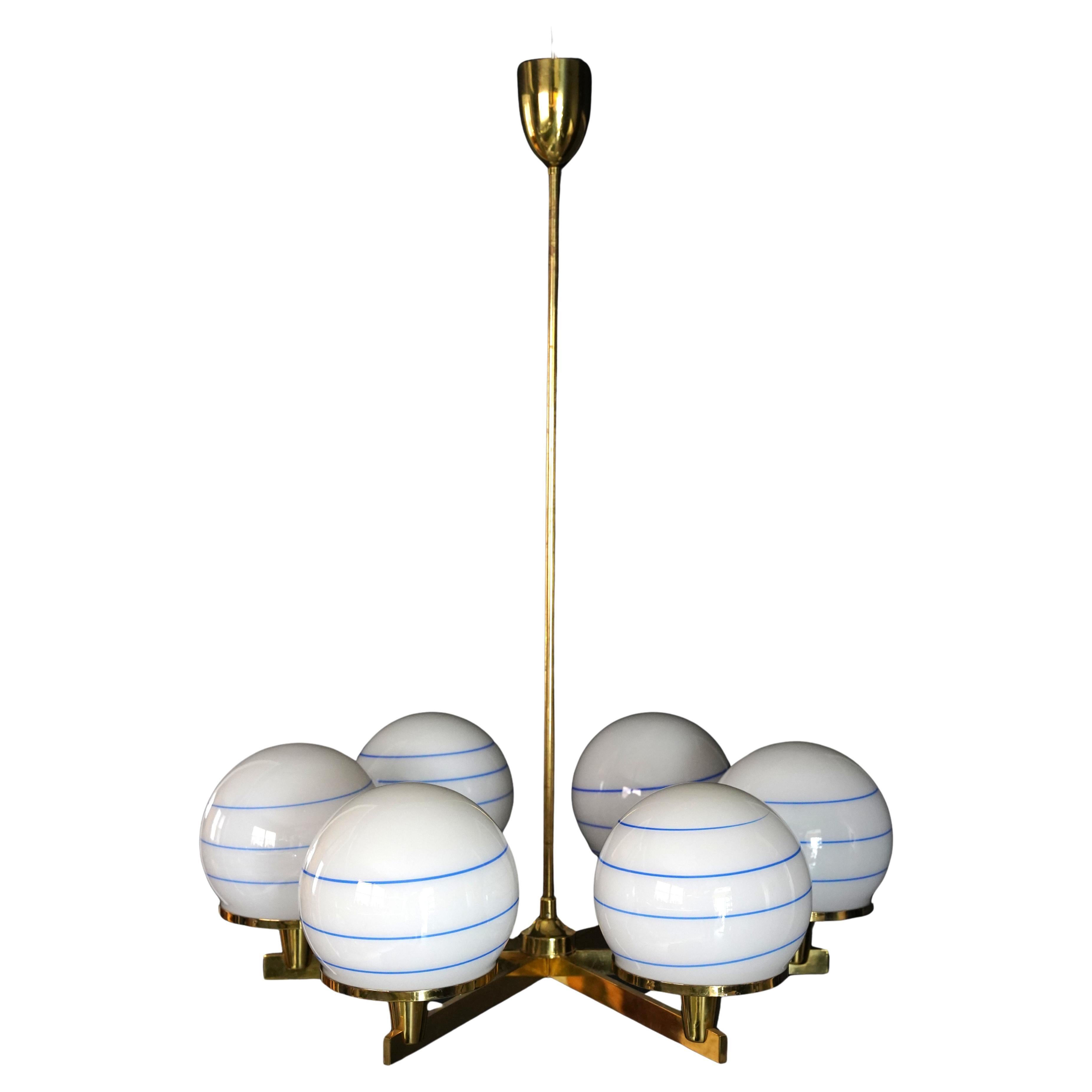 Hans-Agne Jakobsson 6 arm brass chandelier, glass shades white ball, 1960 Sweden