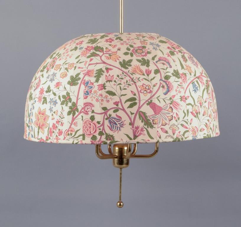 Scandinavian Modern Hans-Agne Jakobsson, A/B Markaryd. Ceiling lamp in brass, floral lampshade.