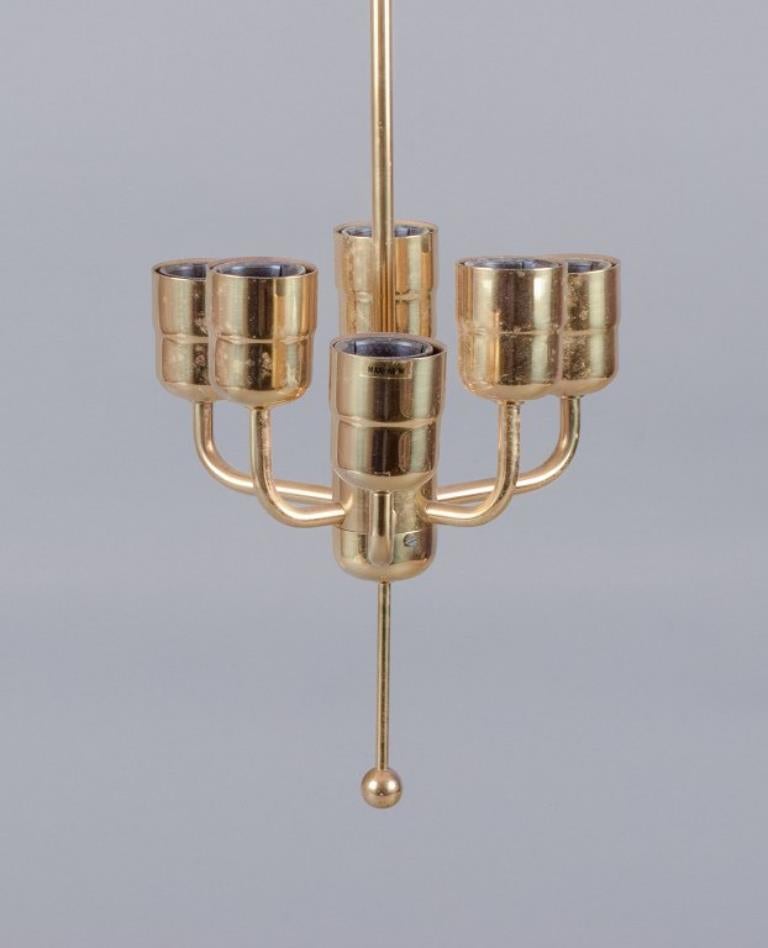Mid-20th Century Hans-Agne Jakobsson, A/B Markaryd. Ceiling lamp in brass, floral lampshade.