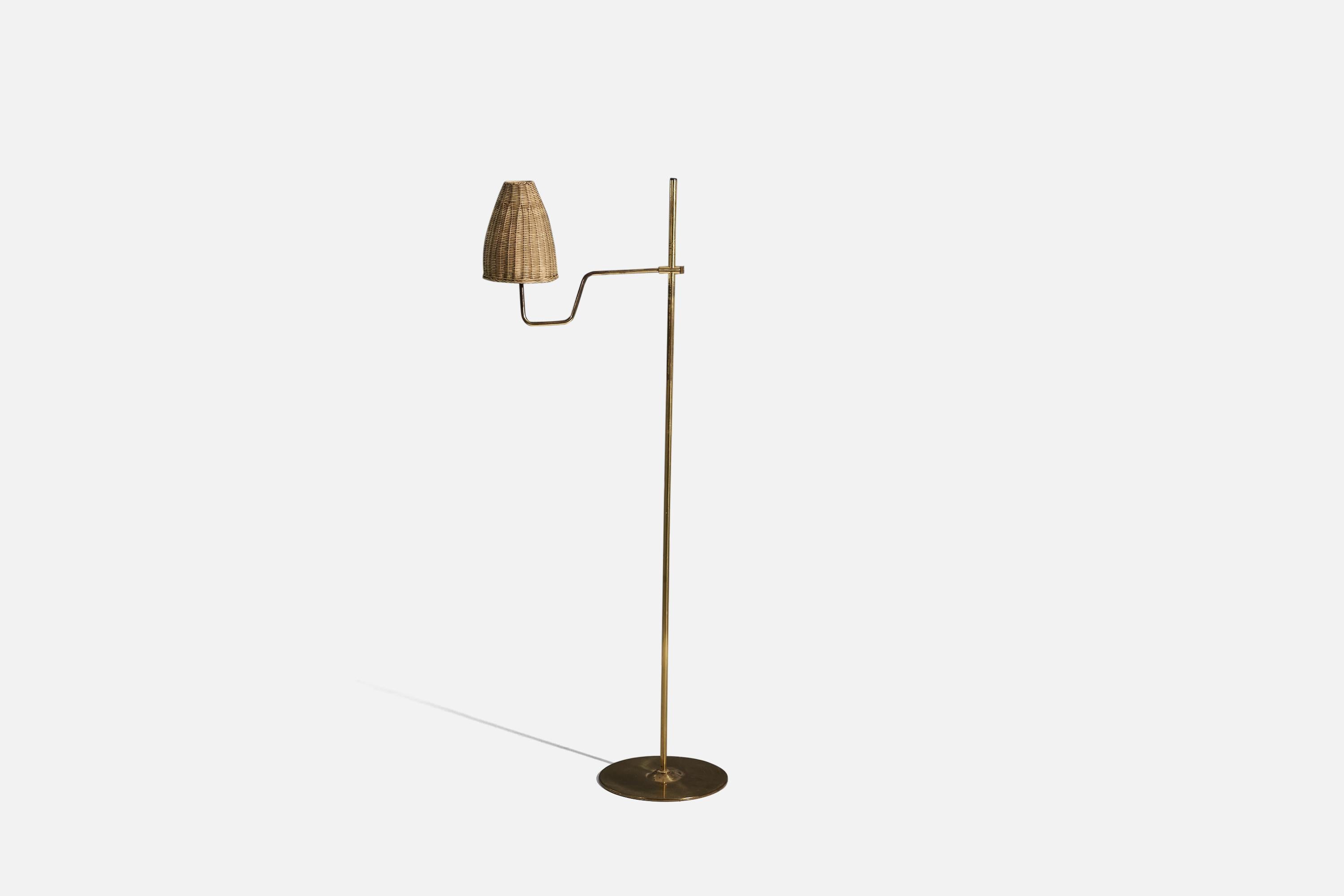 Mid-Century Modern Hans-Agne Jakobsson, Adjustable Floor Lamp, Brass, Rattan, Sweden, c. 1970s For Sale
