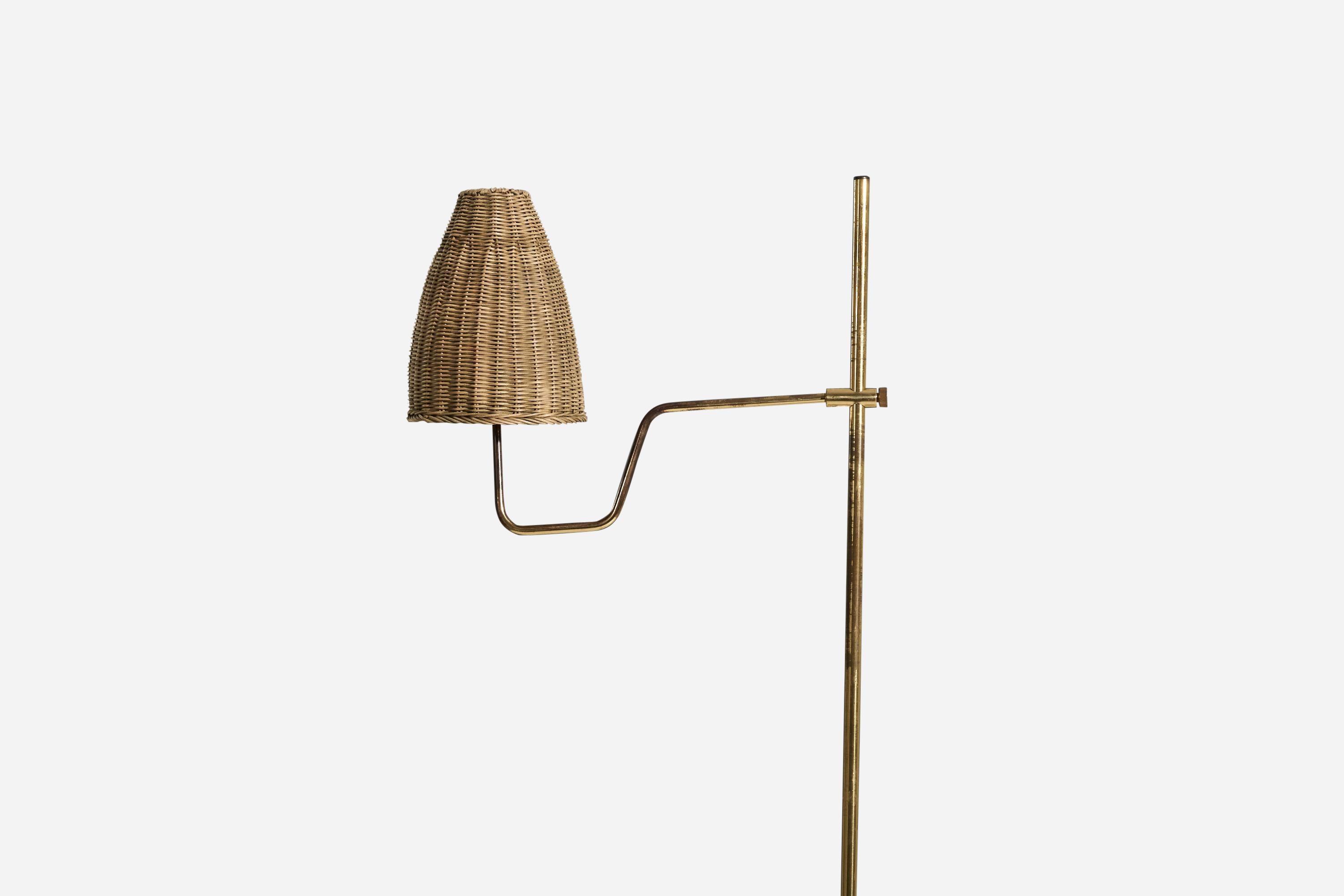 Swedish Hans-Agne Jakobsson, Adjustable Floor Lamp, Brass, Rattan, Sweden, c. 1970s For Sale