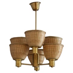 Hans-Agne Jakobsson Attribute, Chandelier Light, Brass, Rattan, Sweden, c. 1960s