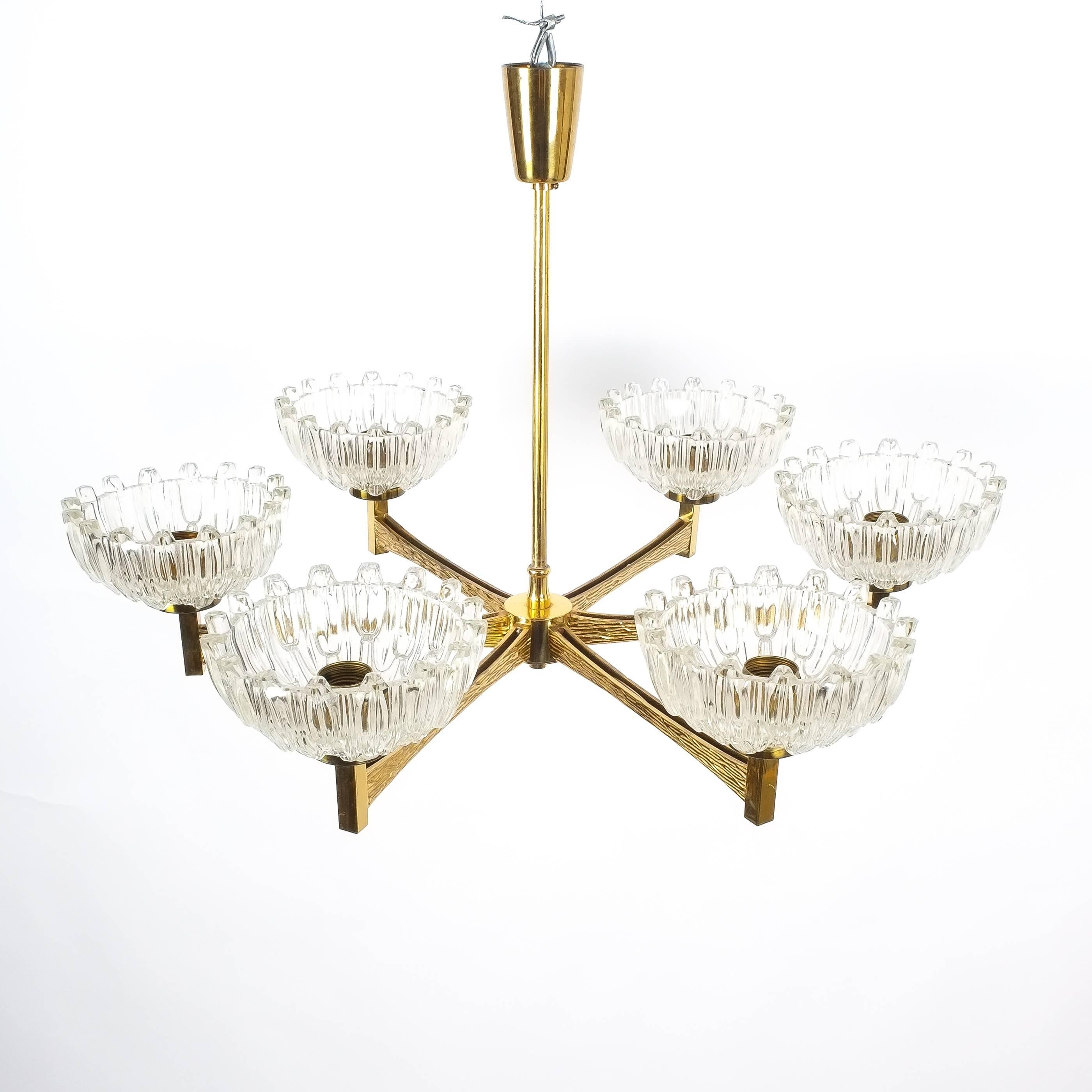 Swedish Hans-Agne Jakobsson Attributed Six-Arm Chandelier from Brass Glass, 1960 For Sale