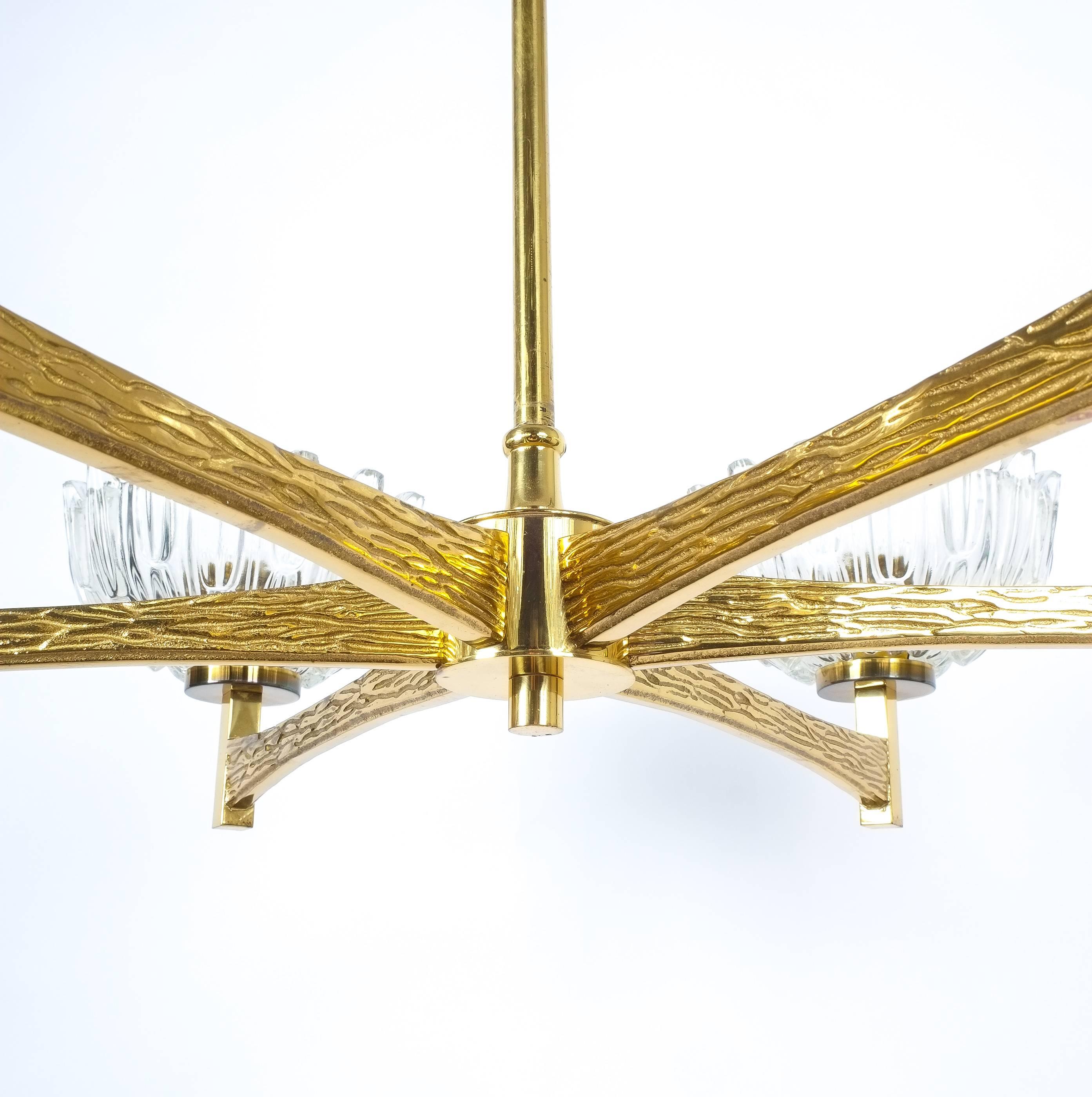 Hans-Agne Jakobsson Attributed Six-Arm Chandelier from Brass Glass, 1960 For Sale 2