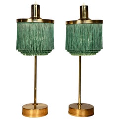 Hans-Agne Jakobsson Brass and Bottle Green Silk Table Lamps Model B-140, 1960