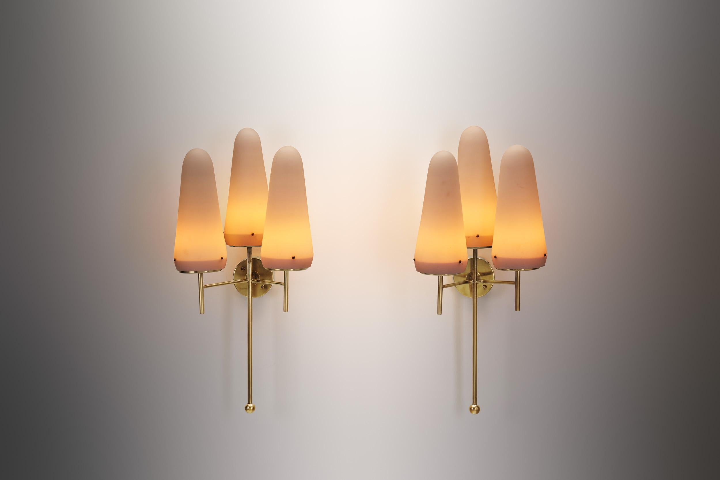 Swedish Hans Agne Jakobsson Brass and Glass Wall Sconces for AB Markaryd, Sweden 1950s For Sale