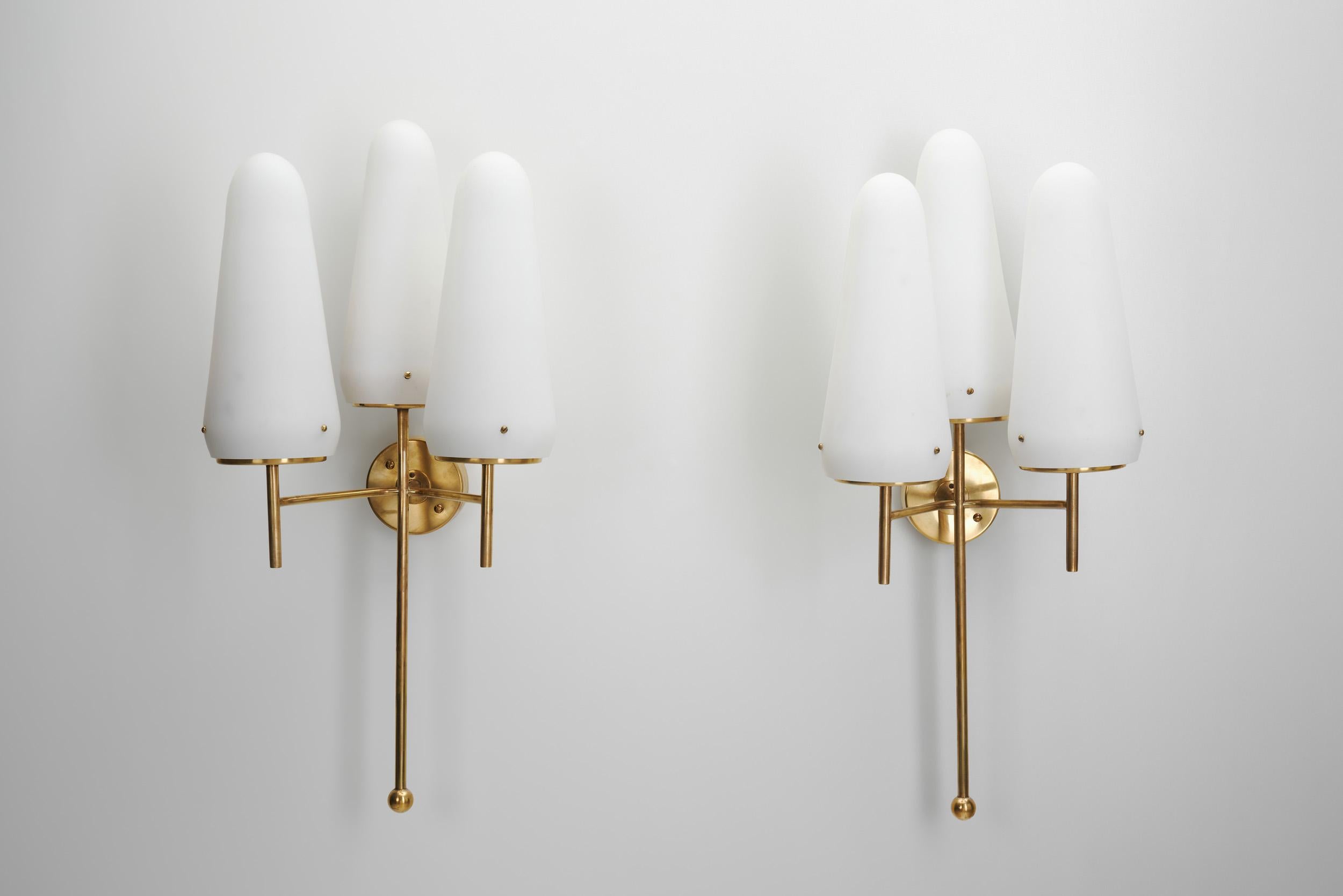 Hans Agne Jakobsson Brass and Glass Wall Sconces for AB Markaryd, Sweden 1950s For Sale 3