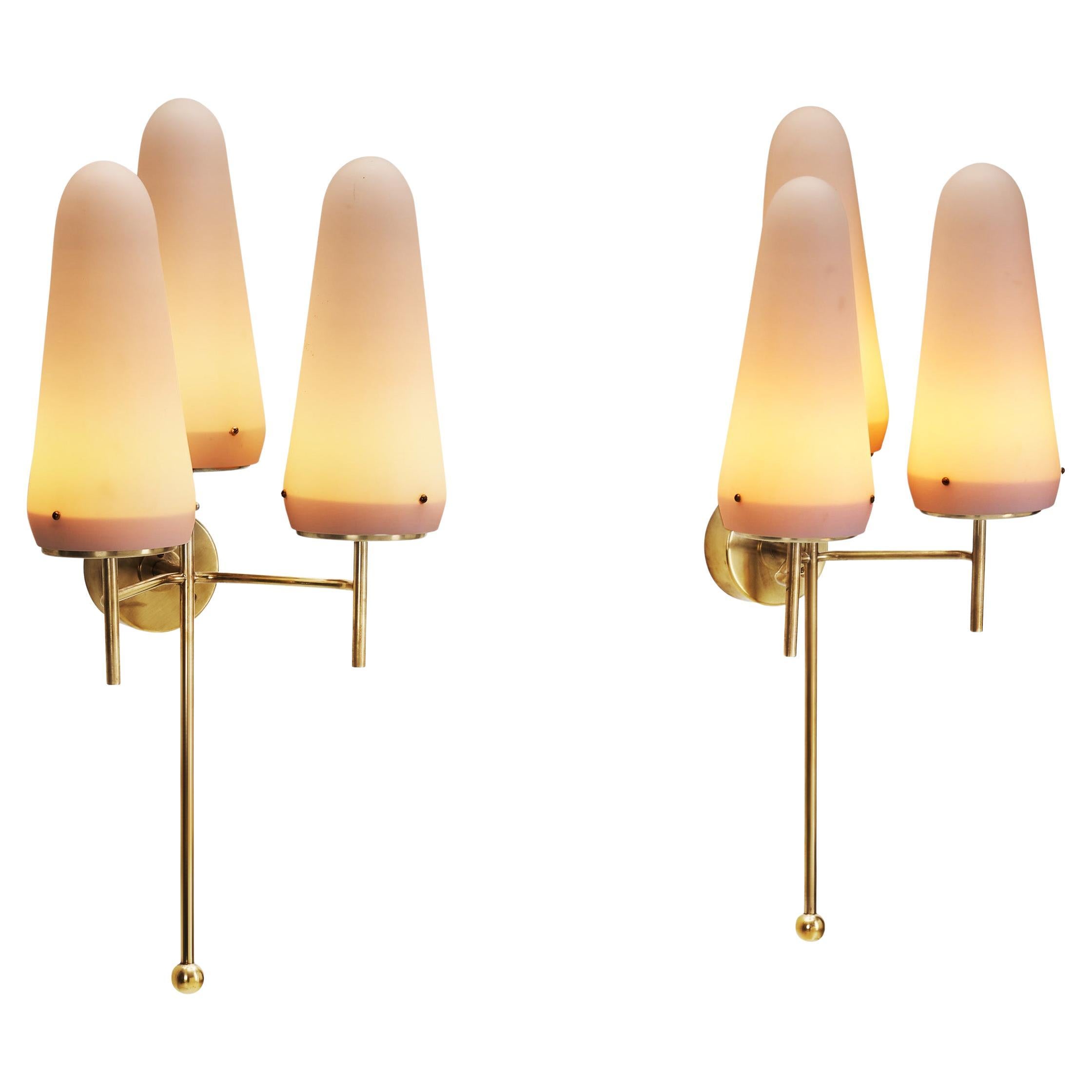 Hans Agne Jakobsson Brass and Glass Wall Sconces for AB Markaryd, Sweden 1950s
