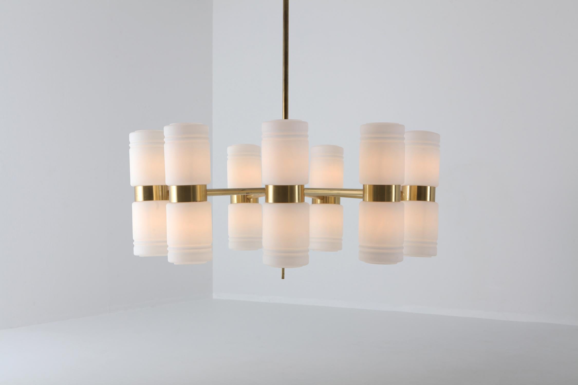 Danish Hans-Agne Jakobsson Brass and Milky Opaline Glass Chandelier