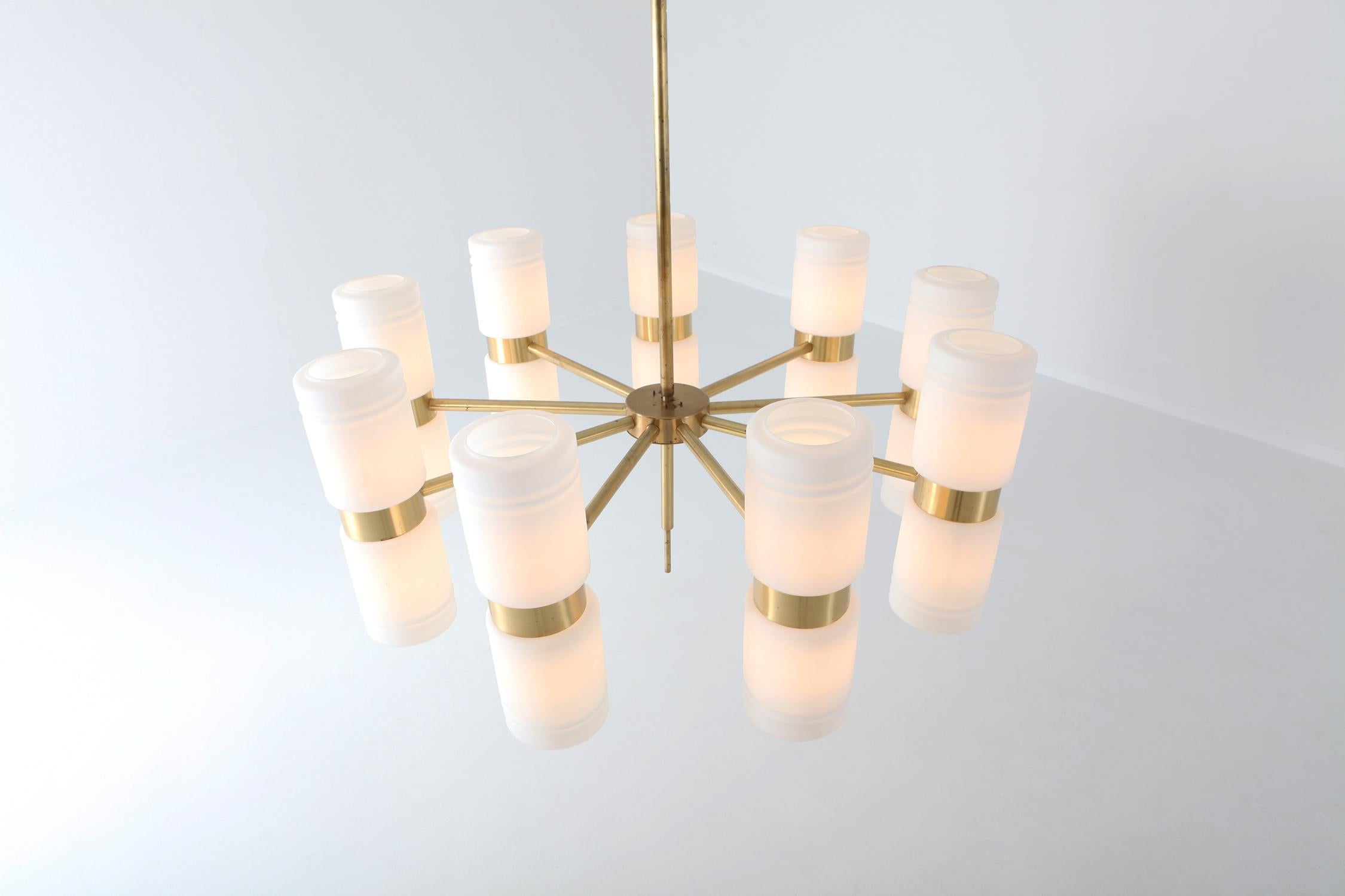 Mid-20th Century Hans-Agne Jakobsson Brass and Milky Opaline Glass Chandelier