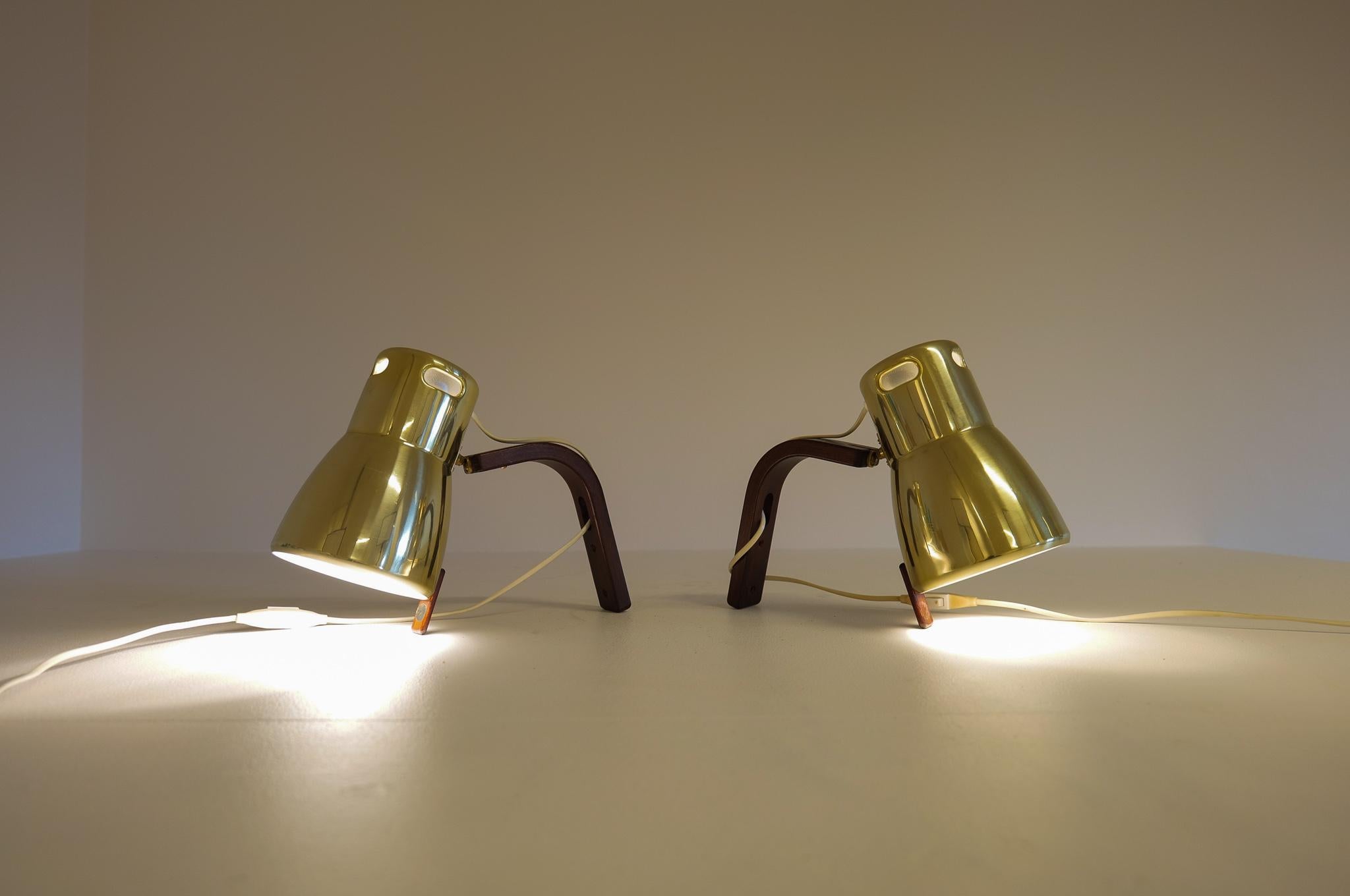 Hans-Agne Jakobsson Brass and Stained Wood Wall Lamps, Sweden, 1970s For Sale 11