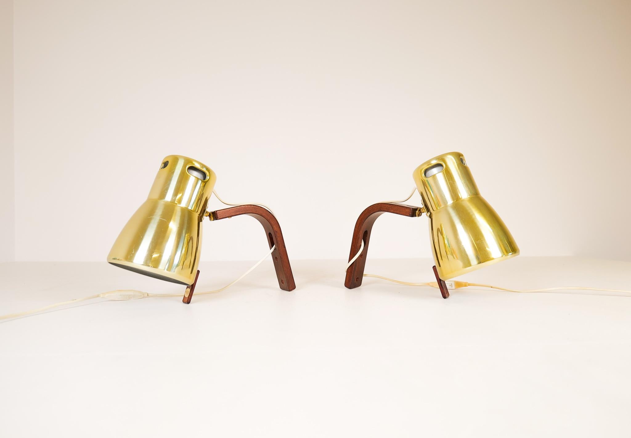 Hans-Agne Jakobsson Brass and Stained Wood Wall Lamps, Sweden, 1970s For Sale 14