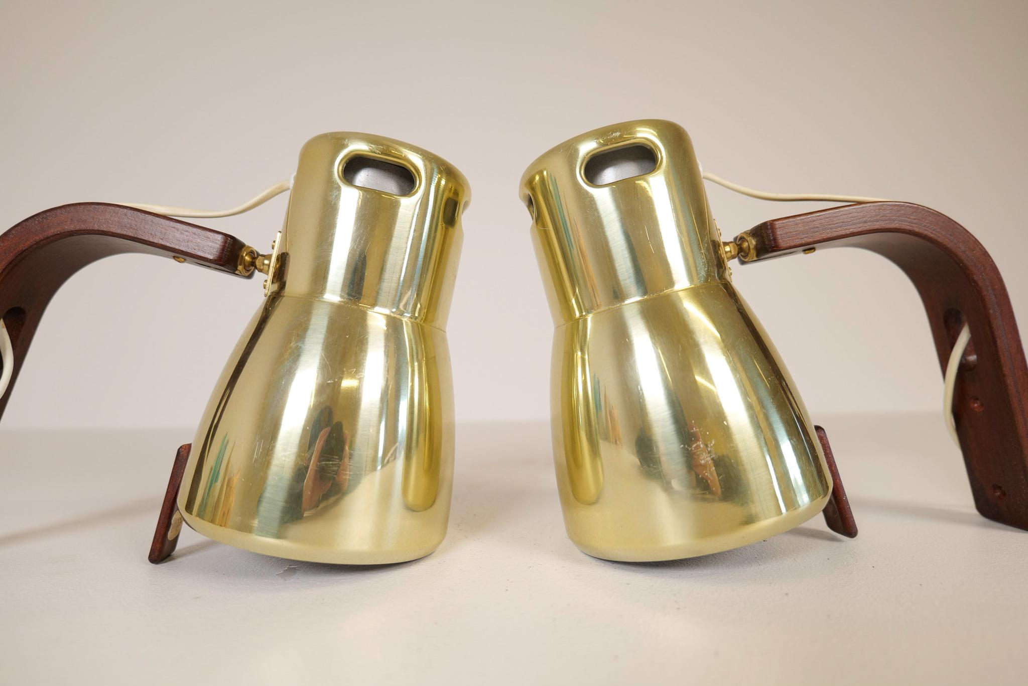 Late 20th Century Hans-Agne Jakobsson Brass and Stained Wood Wall Lamps, Sweden, 1970s For Sale