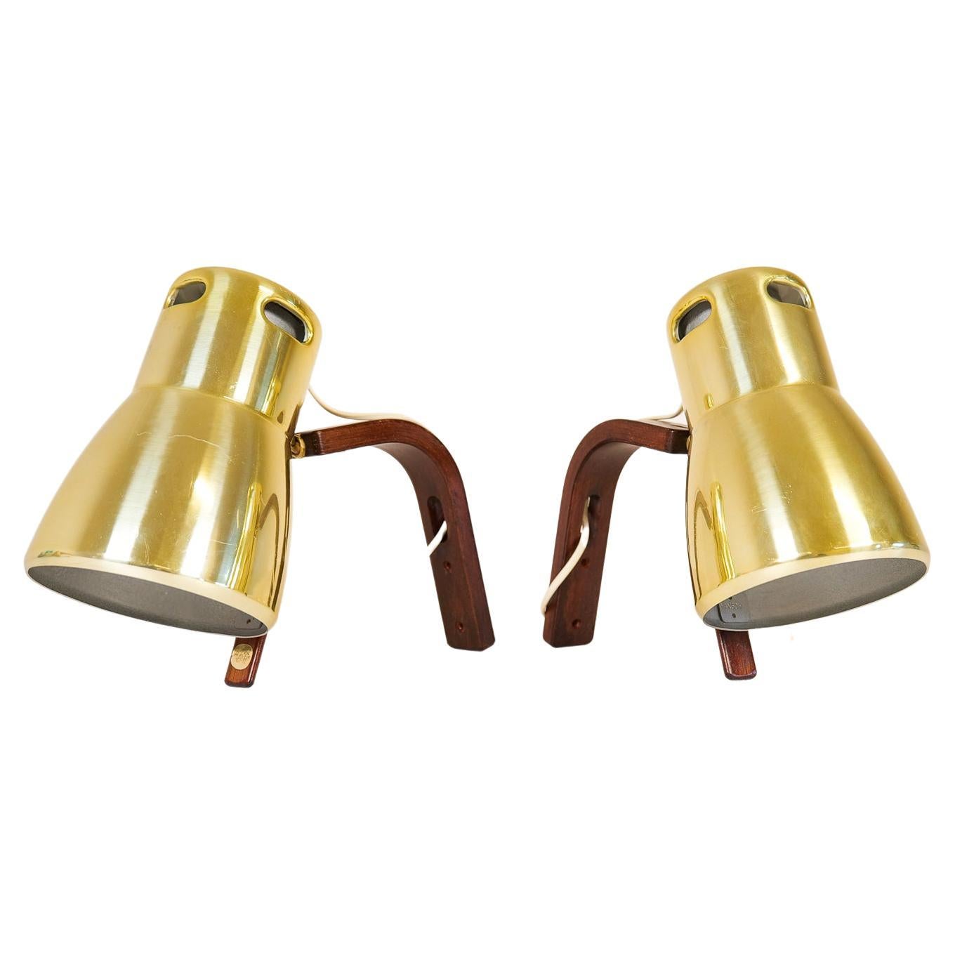 Hans-Agne Jakobsson Brass and Stained Wood Wall Lamps, Sweden, 1970s For Sale