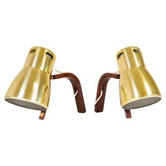 Hans-Agne Jakobsson Brass and Stained Wood Wall Lamps, Sweden, 1970s