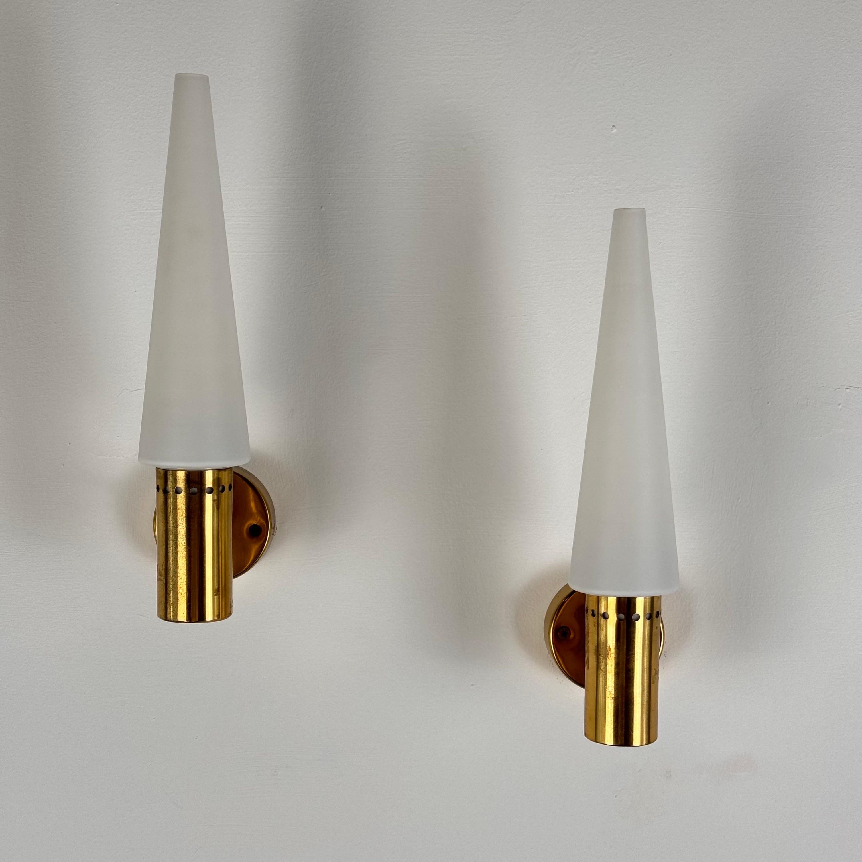 Swedish Hans-Agne Jakobsson Brass and White Opaline Glass Wall Lights, Sweden, 1960s For Sale
