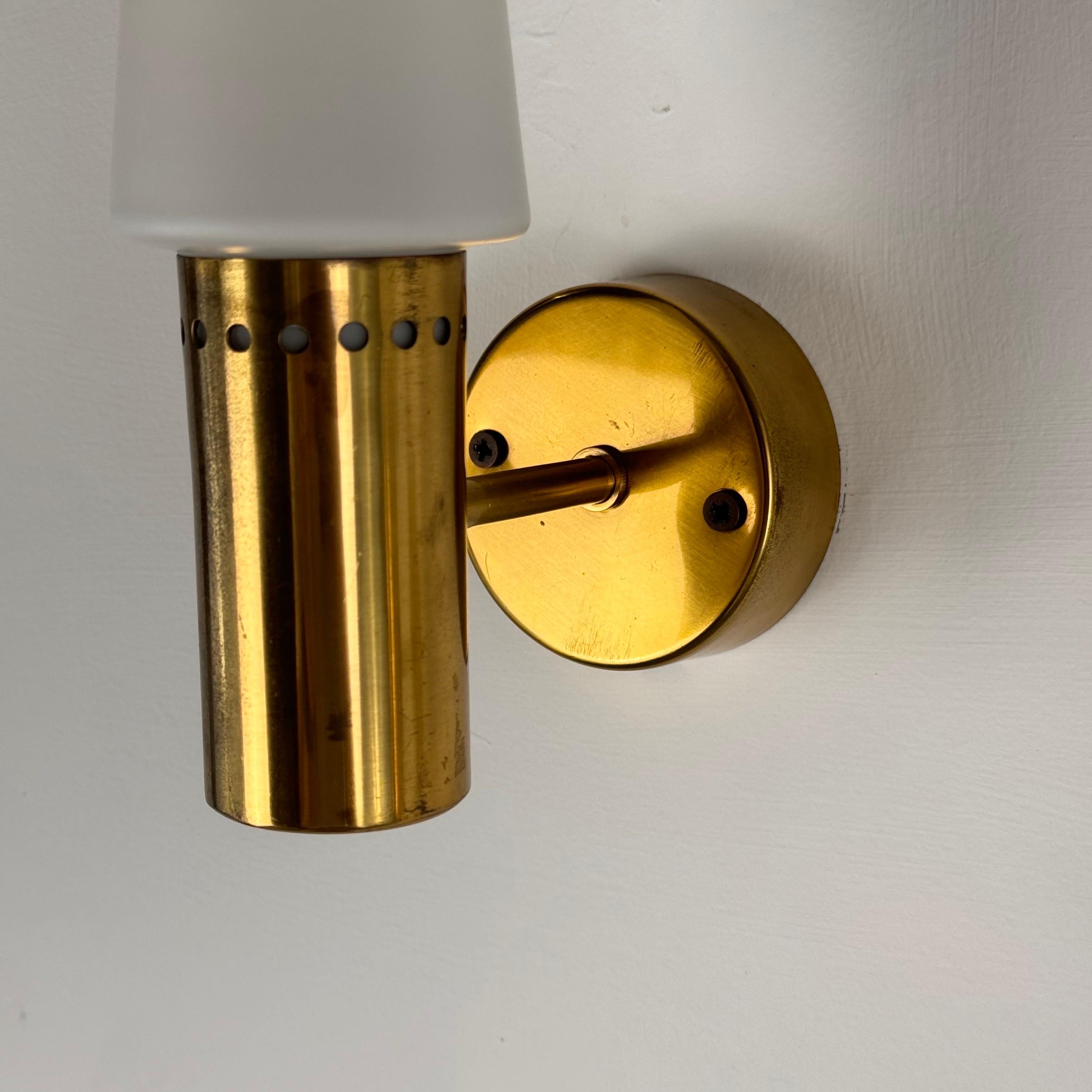 Mid-20th Century Hans-Agne Jakobsson Brass and White Opaline Glass Wall Lights, Sweden, 1960s For Sale