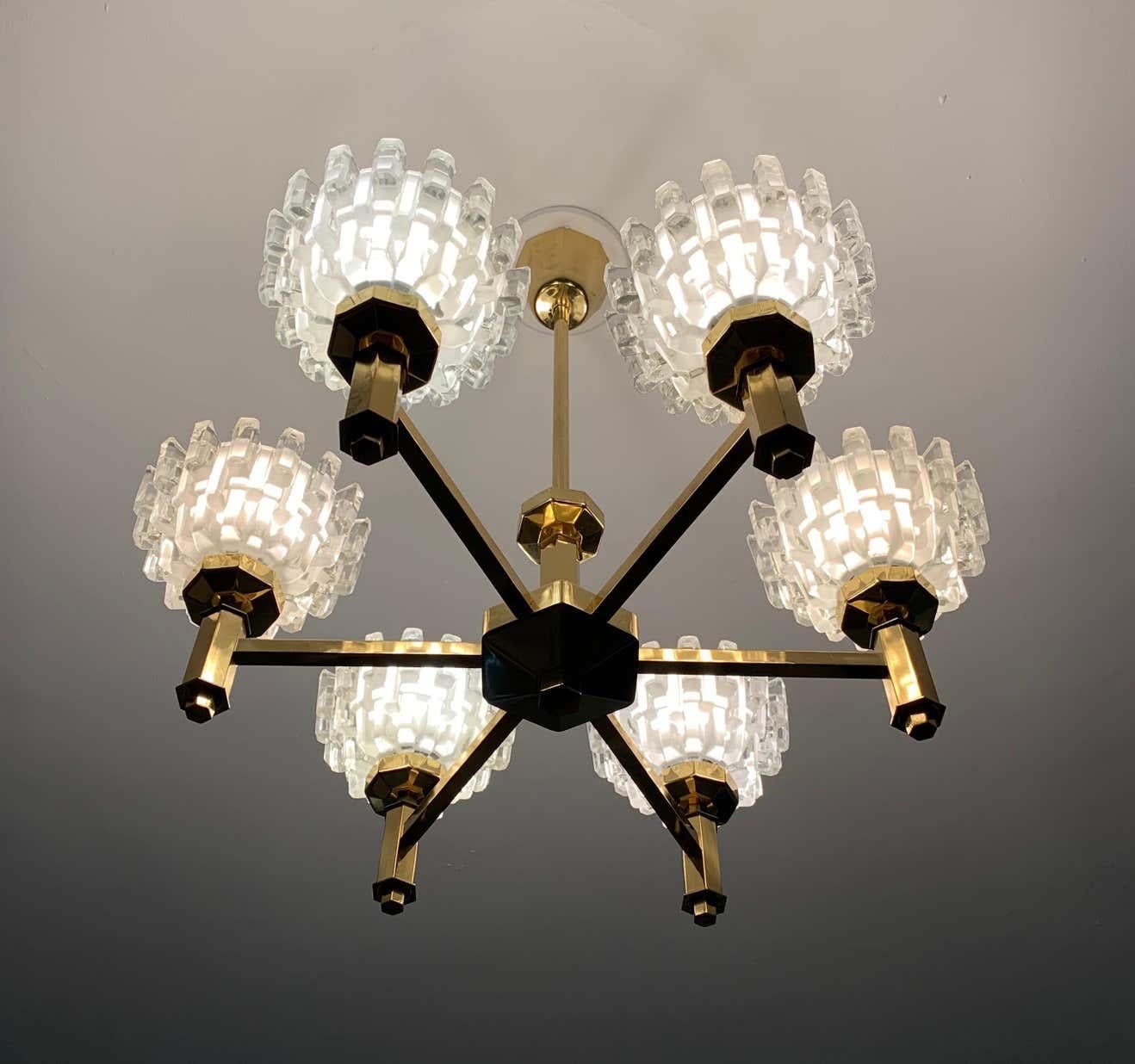 Danish Hans-Agne Jakobsson, Brass Crystal Six-Arm Crystal Chandelier For Sale