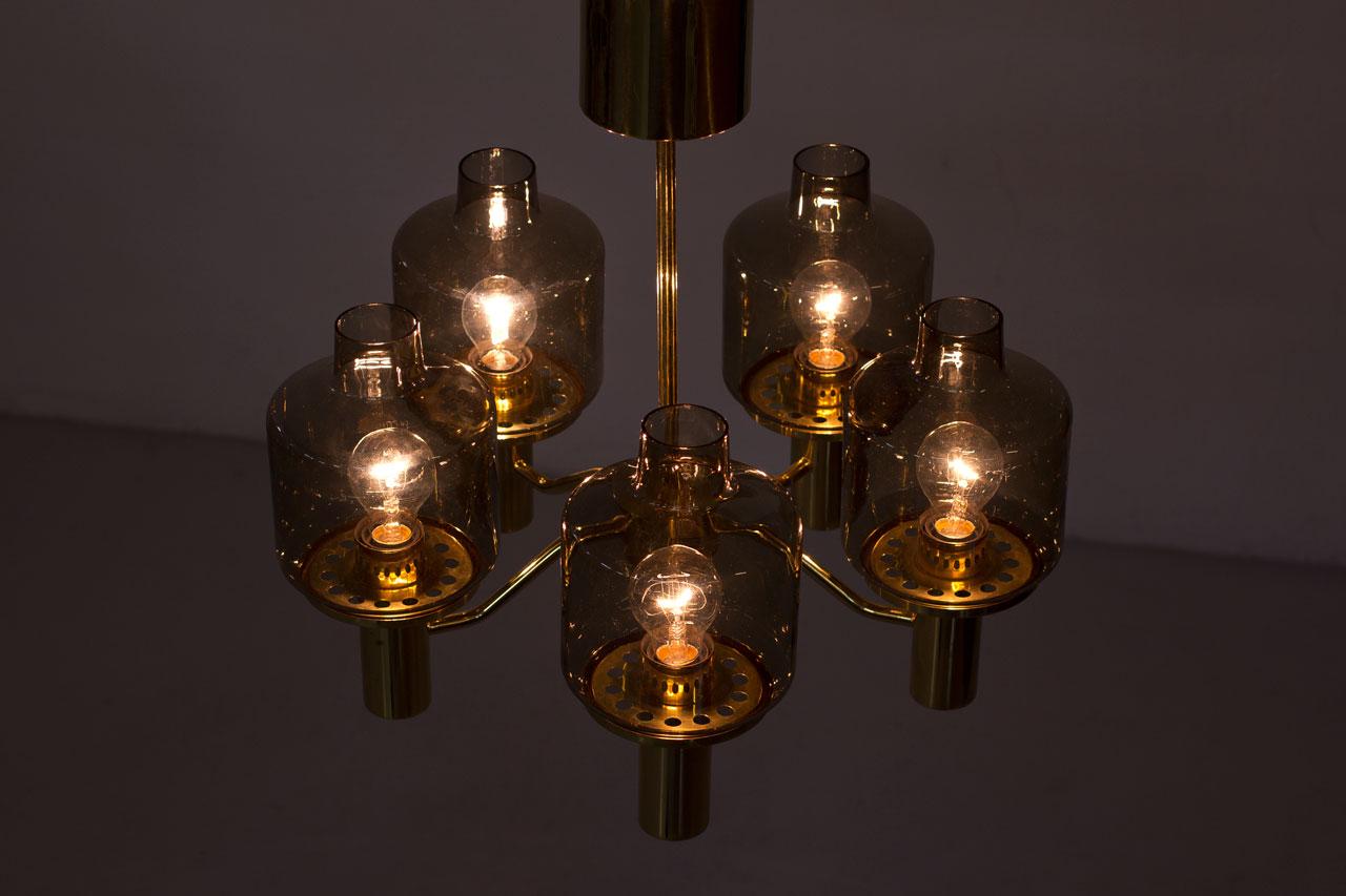 Hans-Agne Jakobsson Brass and Smoked Glass Chandelier, 1960s 6