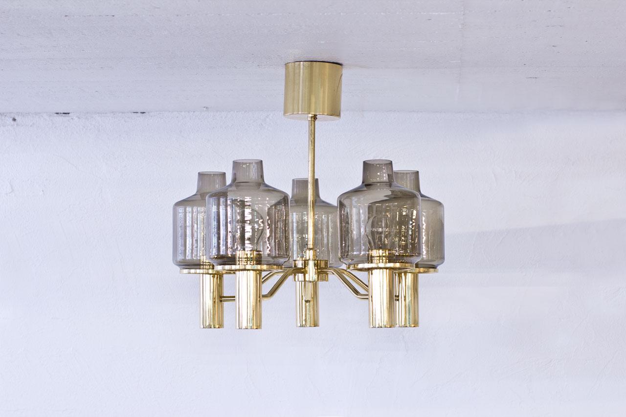 Hans-Agne Jakobsson Brass and Smoked Glass Chandelier, 1960s In Good Condition In Stockholm, SE