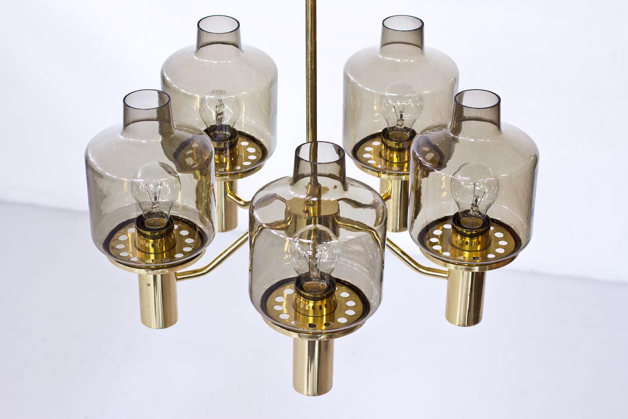 20th Century Hans-Agne Jakobsson Brass and Smoked Glass Chandelier, 1960s