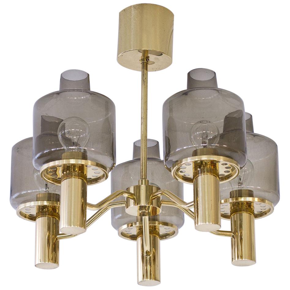 Hans-Agne Jakobsson Brass and Smoked Glass Chandelier, 1960s