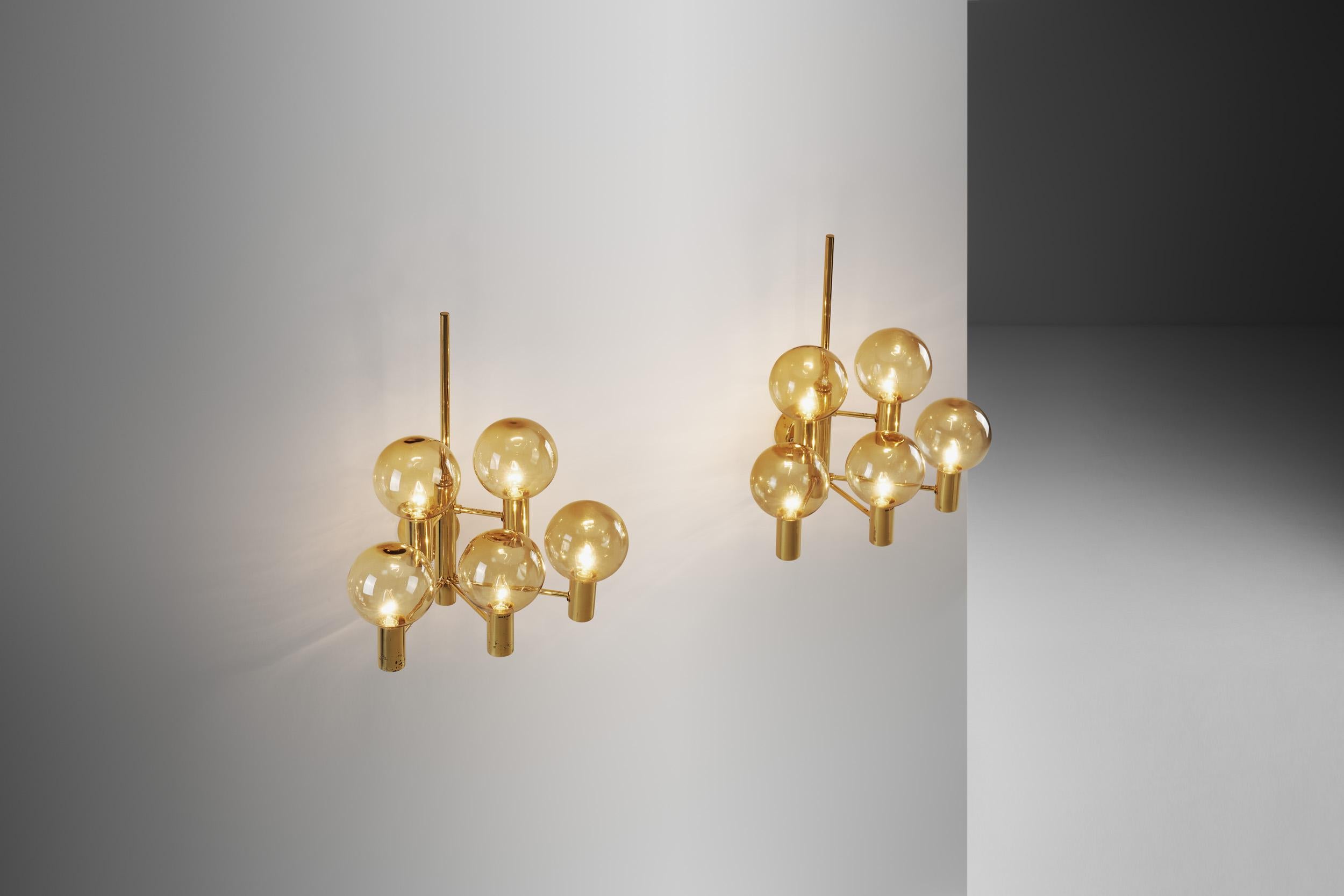Scandinavian Modern Hans-Agne Jakobsson Brass Wall Lamps with Smoked Glass Shades, Sweden 1960s For Sale