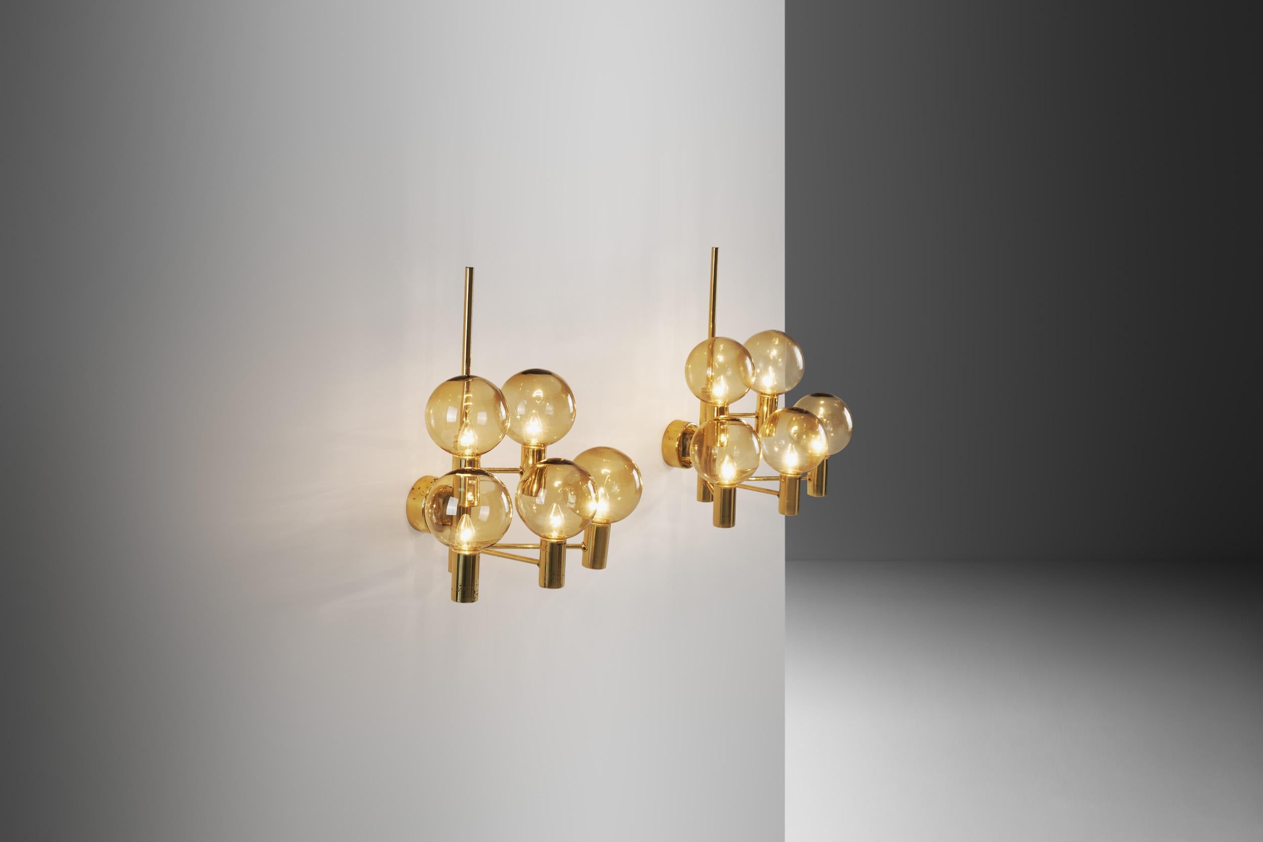 Swedish Hans-Agne Jakobsson Brass Wall Lamps with Smoked Glass Shades, Sweden 1960s For Sale