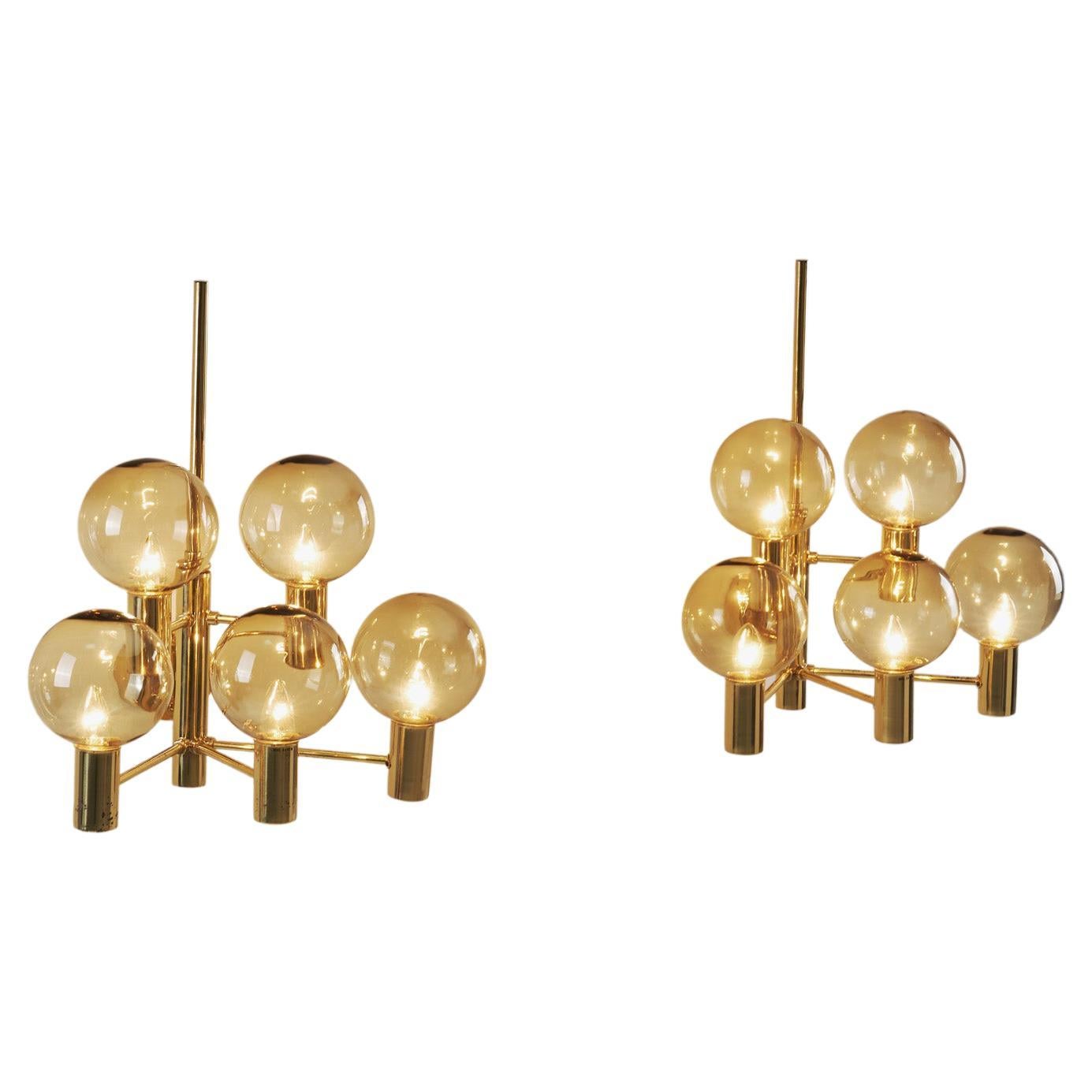 Hans-Agne Jakobsson Brass Wall Lamps with Smoked Glass Shades, Sweden 1960s