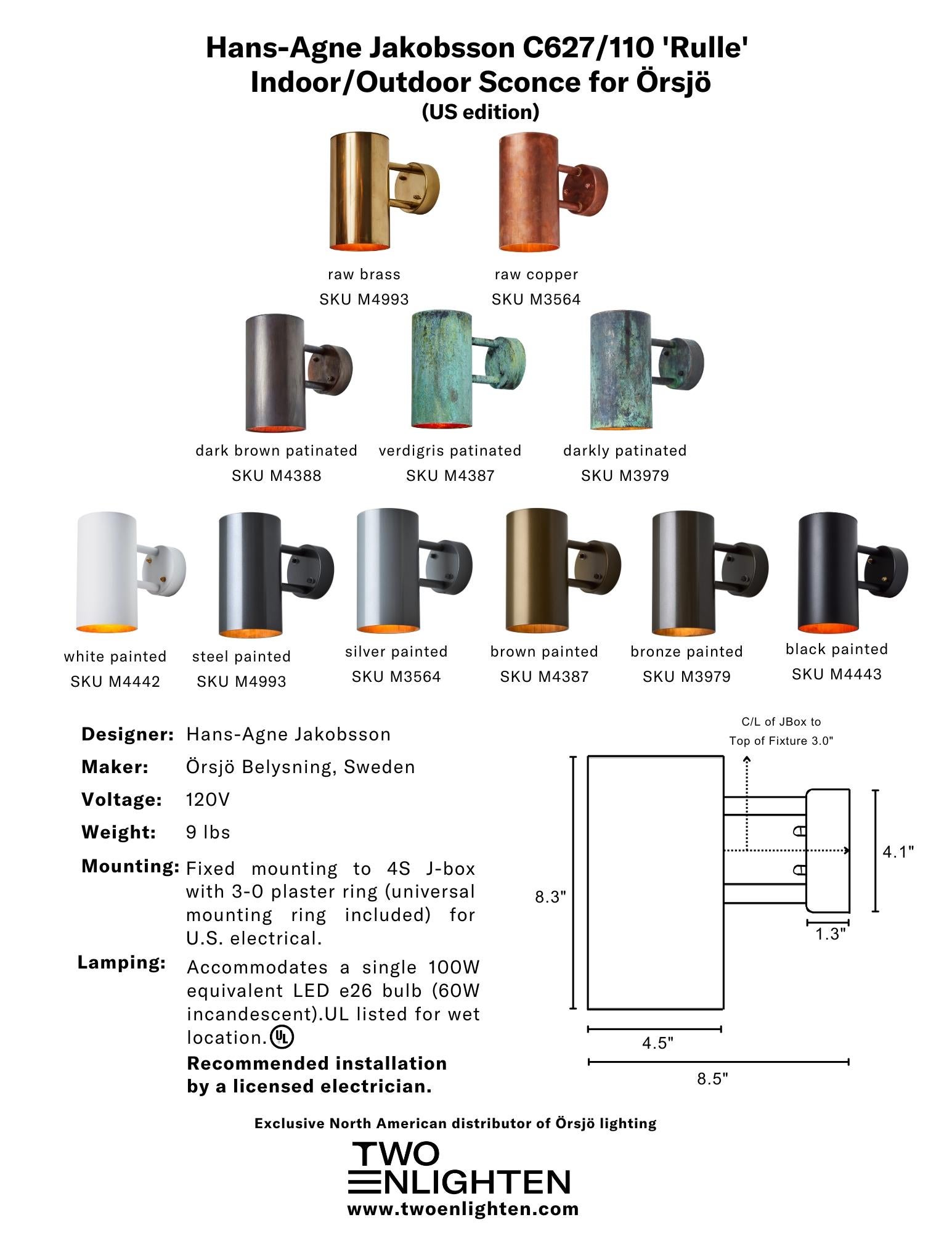Medium Hans-Agne Jakobsson C627/110 'Rulle' Outdoor Sconce in Black For Sale 9