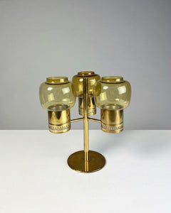 Hans Agne Jakobsson Candelabra Brass & Glass Hurricane Candle Sticks Sweden 1960