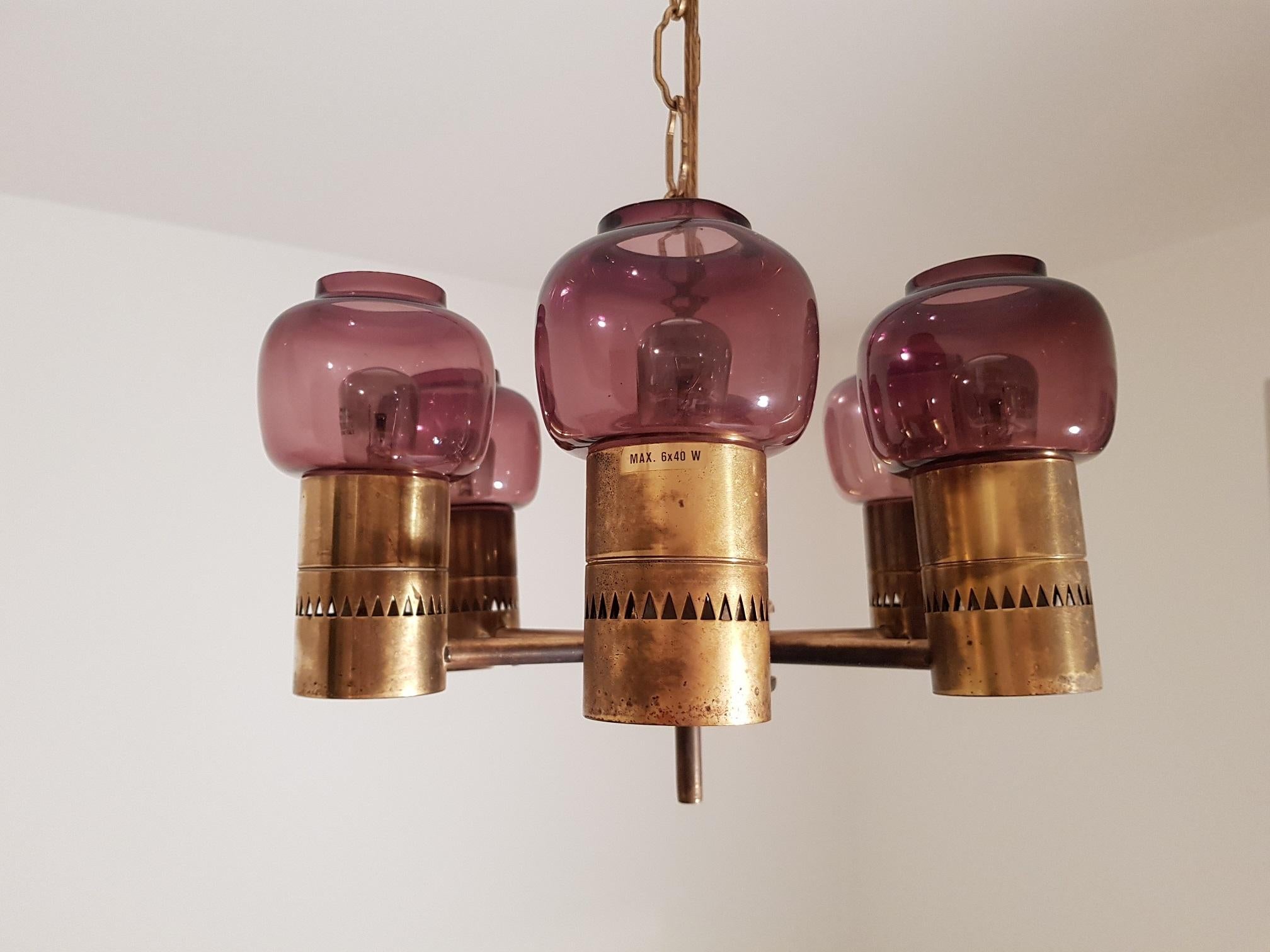 Scandinavian Modern Hans-Agne Jakobsson Ceiling Lamp Brass and Purple Glass 1950s Markaryd Sweden For Sale