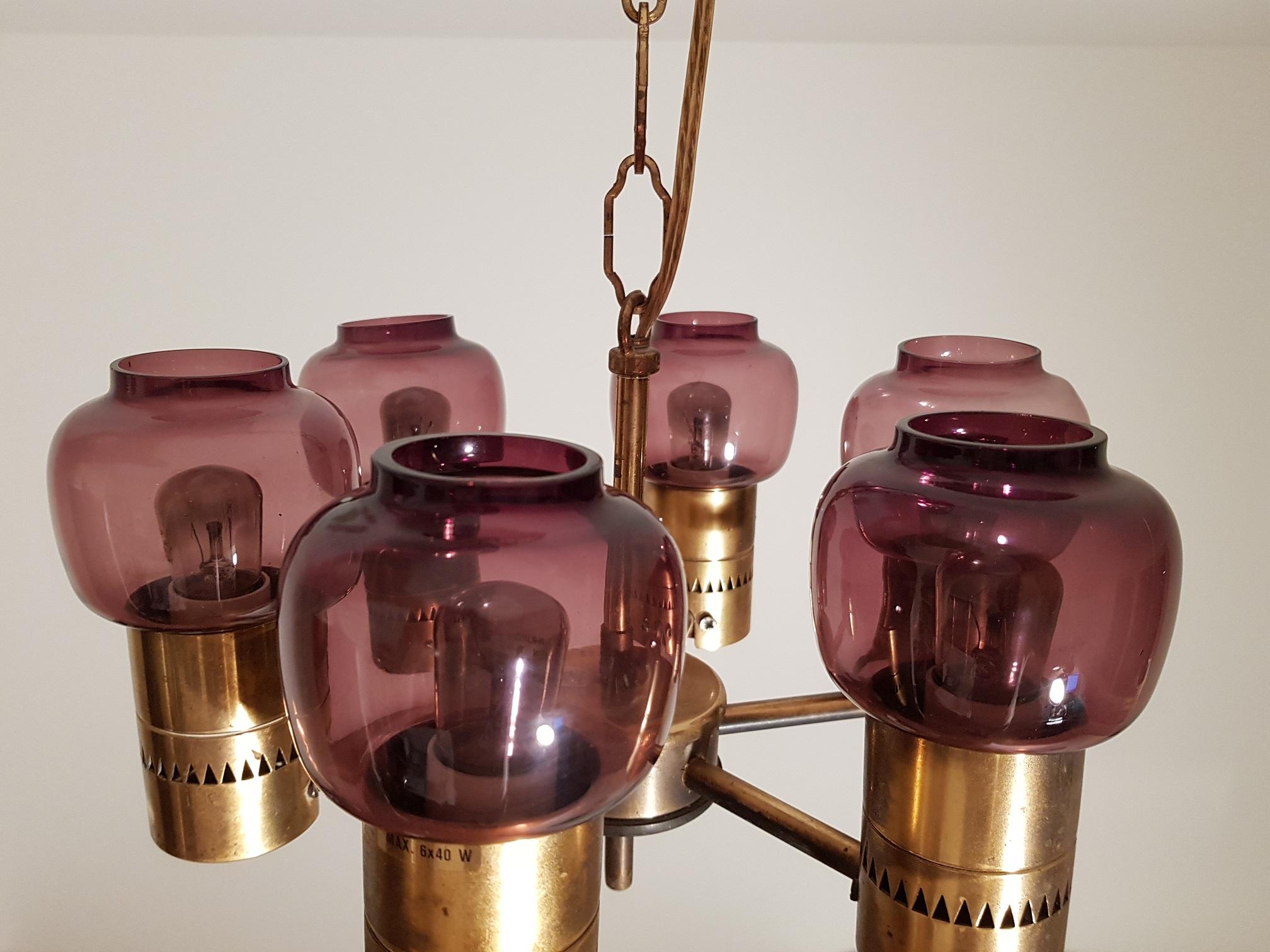 Hans-Agne Jakobsson Ceiling Lamp Brass and Purple Glass 1950s Markaryd Sweden In Fair Condition For Sale In Limhamn, SE