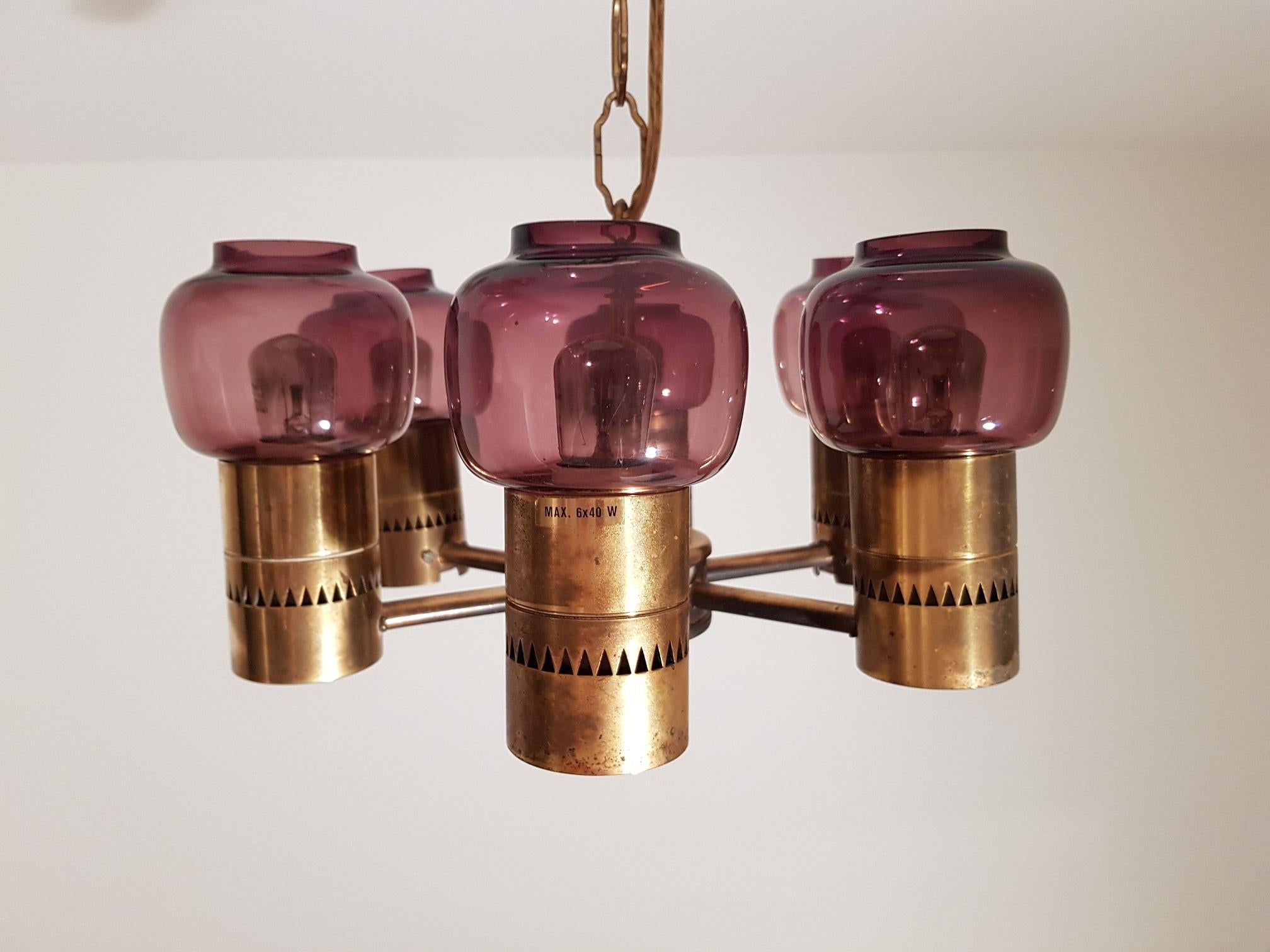 20th Century Hans-Agne Jakobsson Ceiling Lamp Brass and Purple Glass 1950s Markaryd Sweden For Sale