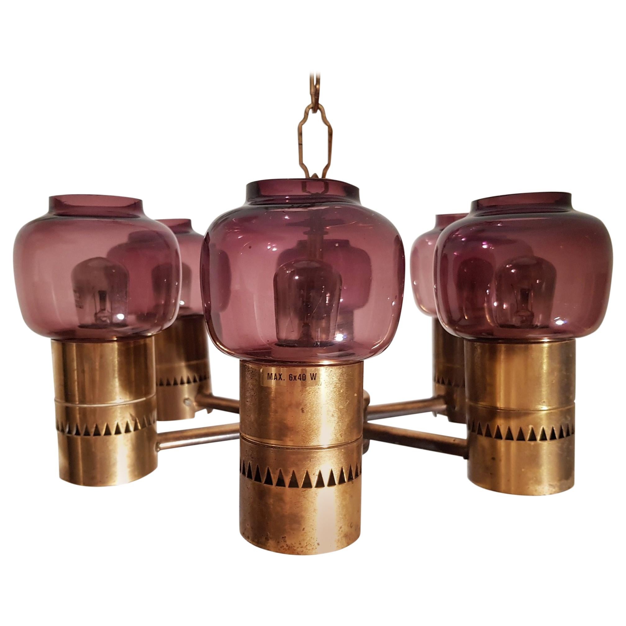 Hans-Agne Jakobsson Ceiling Lamp Brass and Purple Glass 1950s Markaryd Sweden For Sale