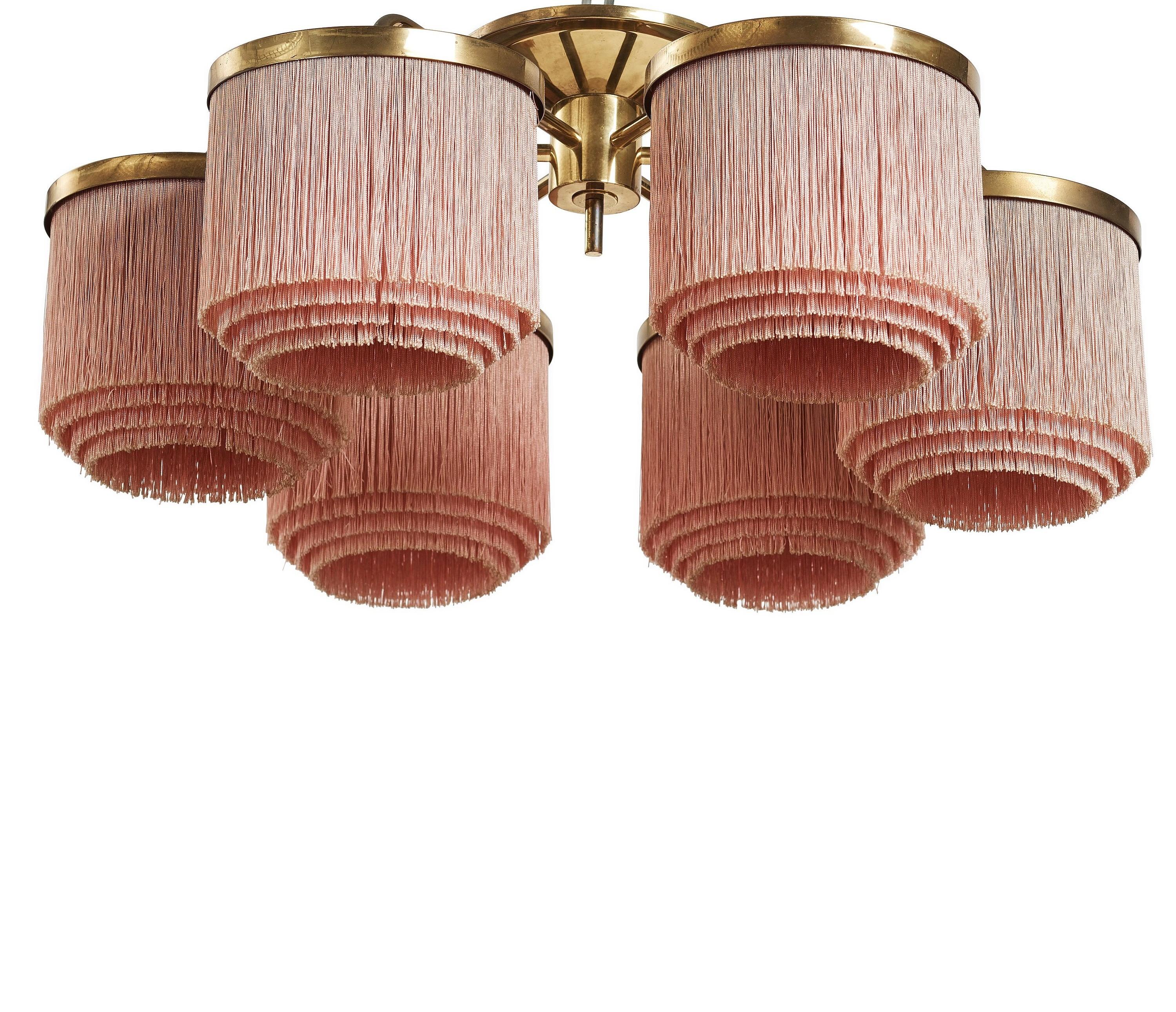 Hans-Agne Jakobsson, rare ceiling lamp. Brass and pink silk fringes, 6 shades. Manufactured by Hans-Agne Jakobsson AB in the 1960s in Markaryd, Sweden.