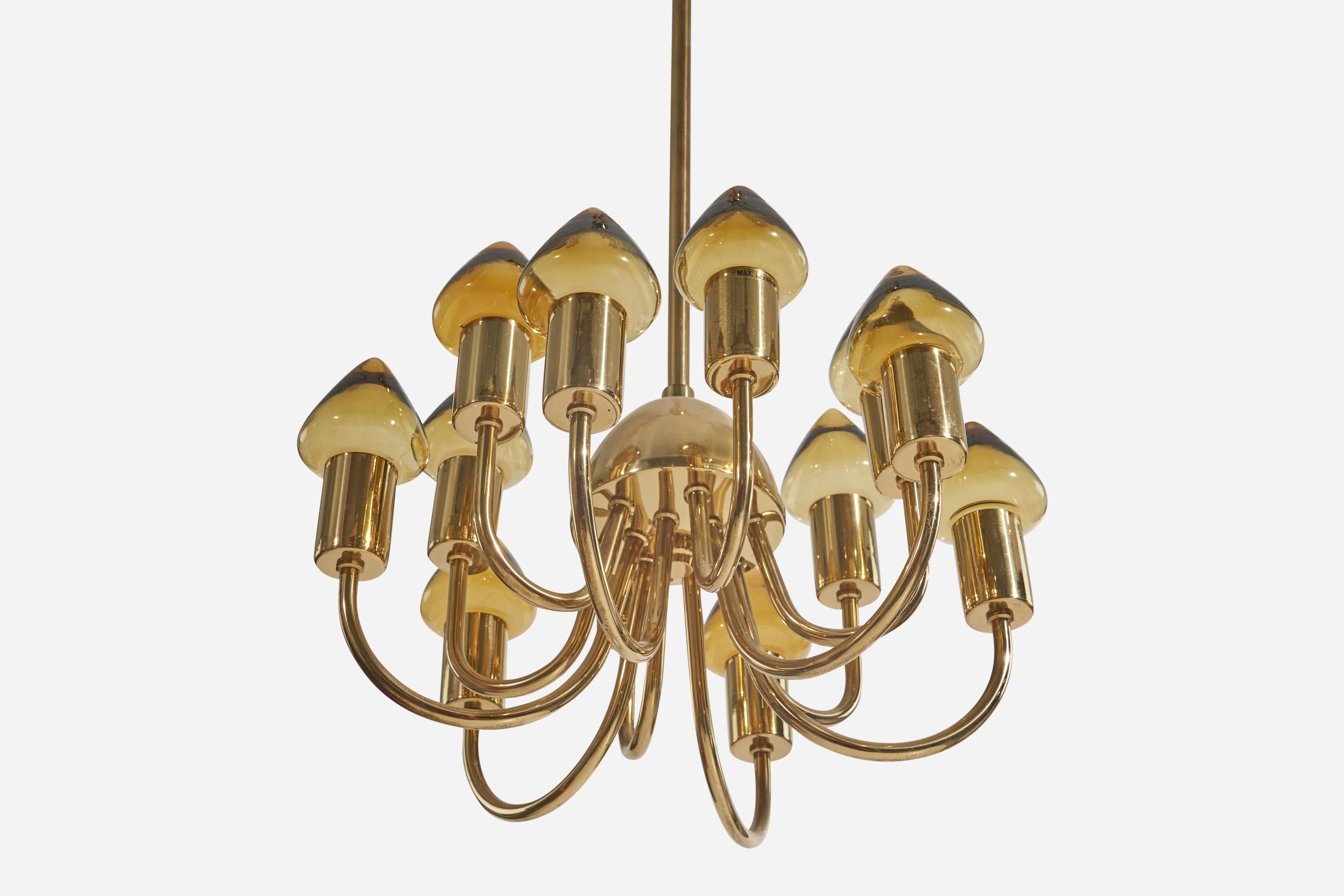 Mid-Century Modern Hans-Agne Jakobsson, Chandelier, Brass, Glass, Sweden, 1970s For Sale