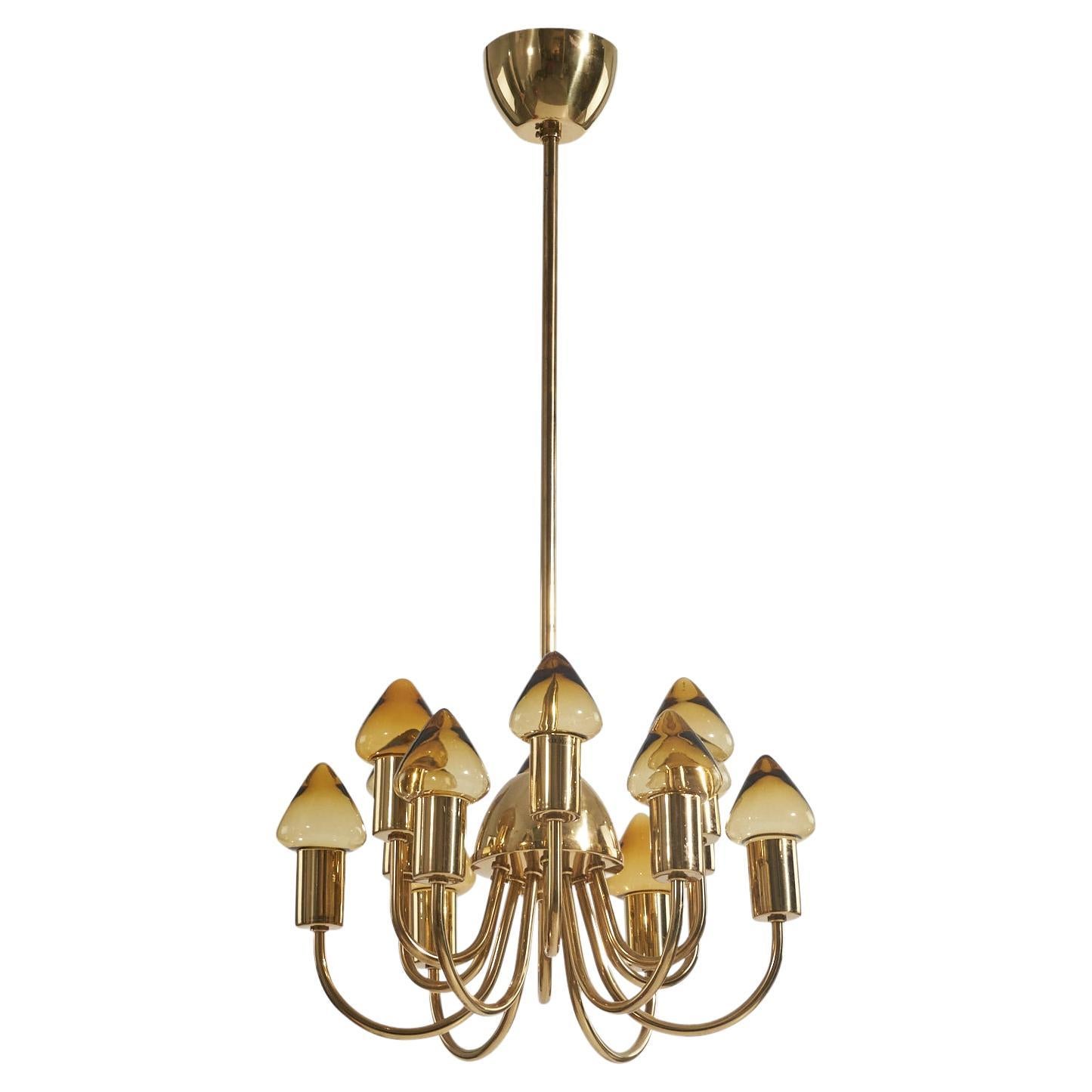 Hans-Agne Jakobsson, Chandelier, Brass, Glass, Sweden, 1970s