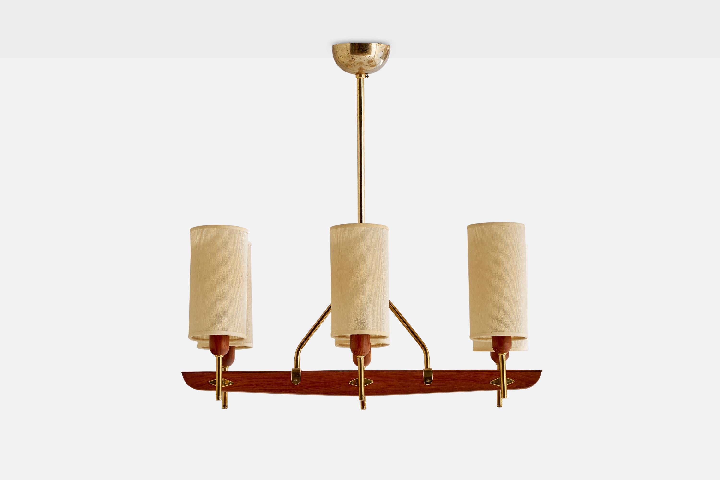 Mid-Century Modern Hans-Agne Jakobsson, Chandelier, Brass, Teak, Fabric, Sweden, 1950s For Sale