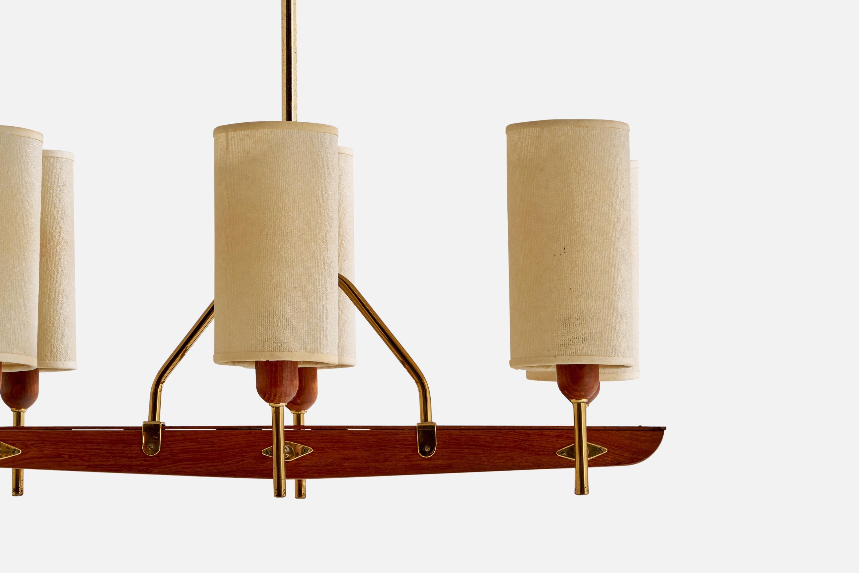 Hans-Agne Jakobsson, Chandelier, Brass, Teak, Fabric, Sweden, 1950s In Good Condition For Sale In High Point, NC