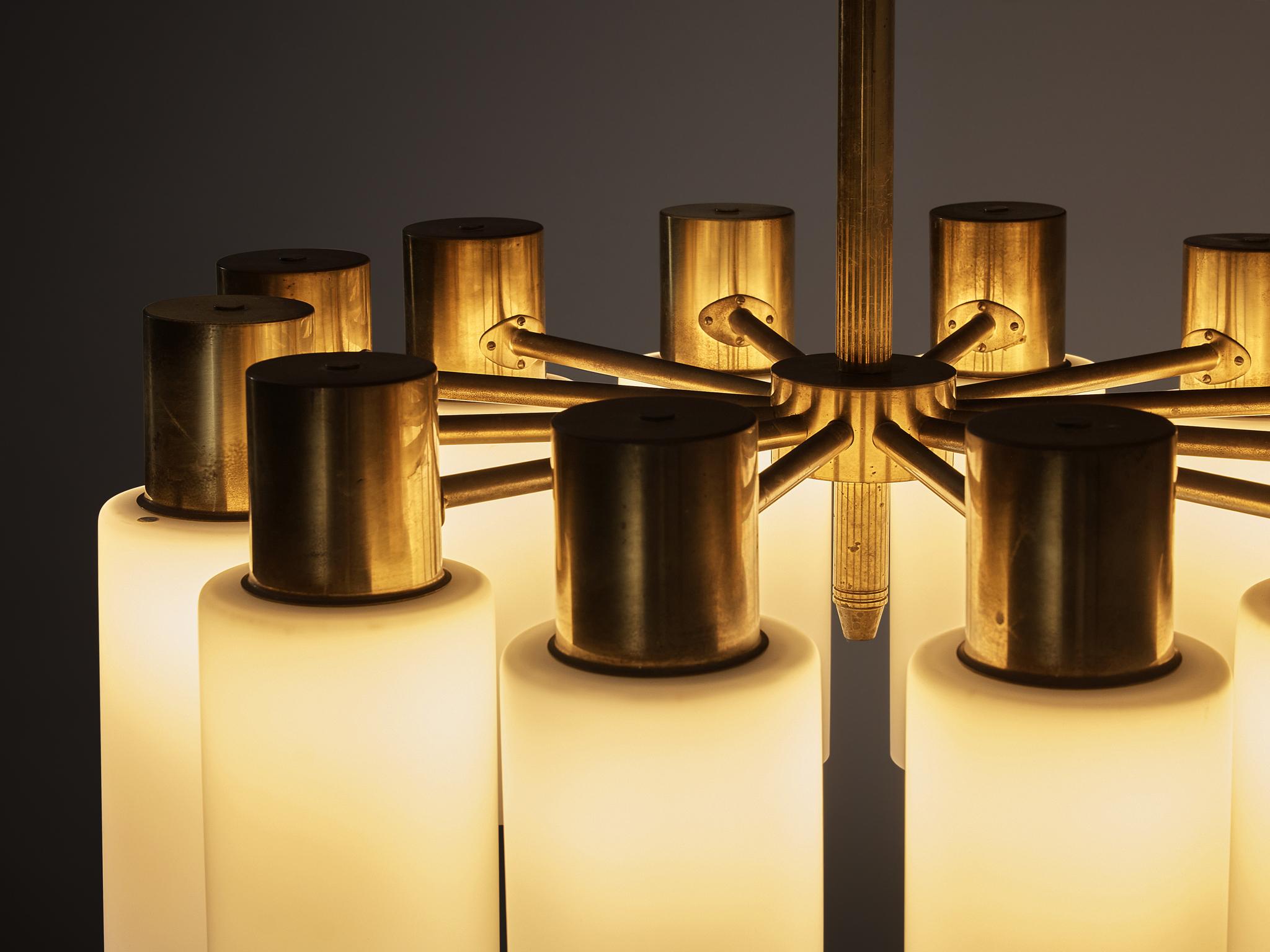 Scandinavian Modern Hans-Agne Jakobsson Chandelier in Brass and White Opaque Glass