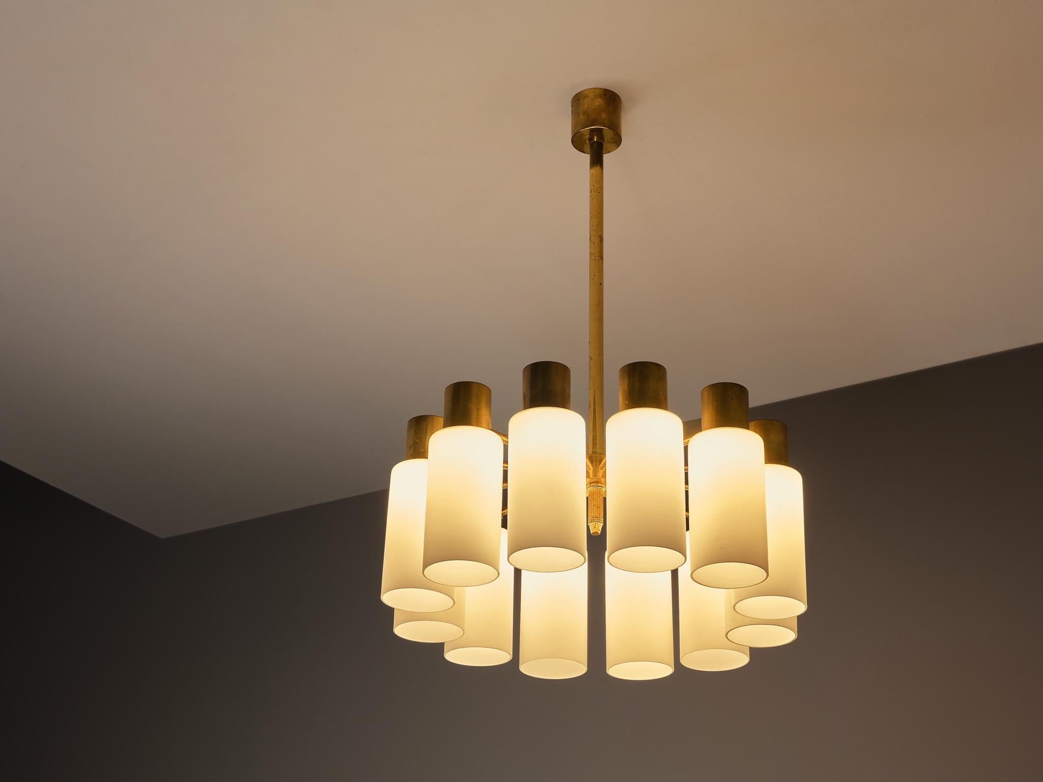Swedish Hans-Agne Jakobsson Chandelier in Brass and White Opaque Glass